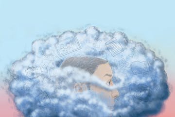 300 dpi Chuck Todd illustration of man's head lost in the Cloud; can be used with stories about whether or not the Cloud is all it is cracked up to be