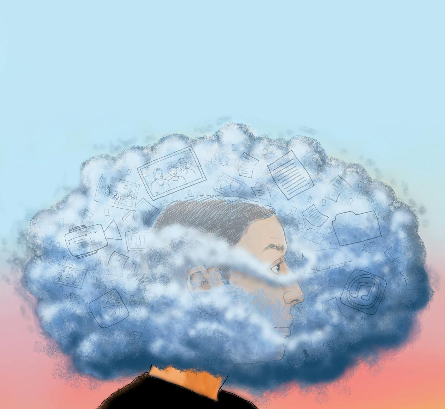 300 dpi Chuck Todd illustration of man's head lost in the Cloud; can be used with stories about whether or not the Cloud is all it is cracked up to be. Bay Area News Group 2012<p> krtnational national; krtworld world; krt; krtcampus campus; mctillustration; 01027000; ACE; ENT; internet; krtentertainment entertainment; 13022000; computer science; information technology; it; krtscience science; krtscitech; krttechcomputer computer; SCI; TEC; 04000000; 04003002; 04003005; 04003009; FIN; krtbusiness