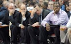 Houston Rockets coaches Steve Clifford, left, Jeff Van Gundy, left center, Tom Thibodeau, right center, and trainer, Keith Jones, right, watch in the 