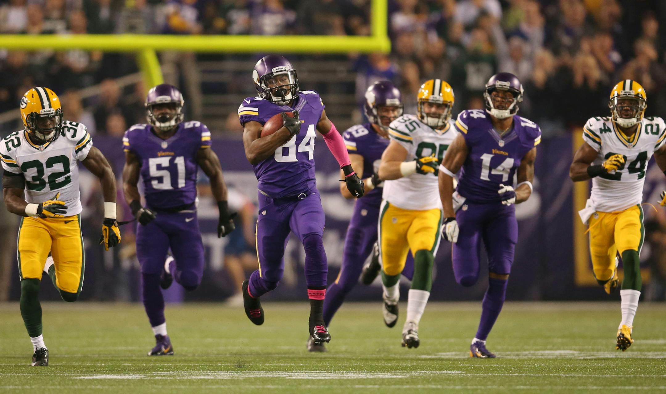 Cordarrelle Patterson&#x2019;s talent as a kickoff return was on display in 2013 against the Packers when he returned the opening kickoff an NFL-record 109 yards for a touchdown.