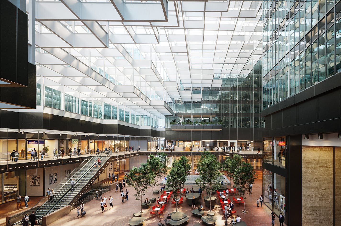 A revamped Crystal Court in the IDS Center will feature new seating and canopies of trees expected to grow 24 feet tall. It is the frist remake for the space in 22 years.