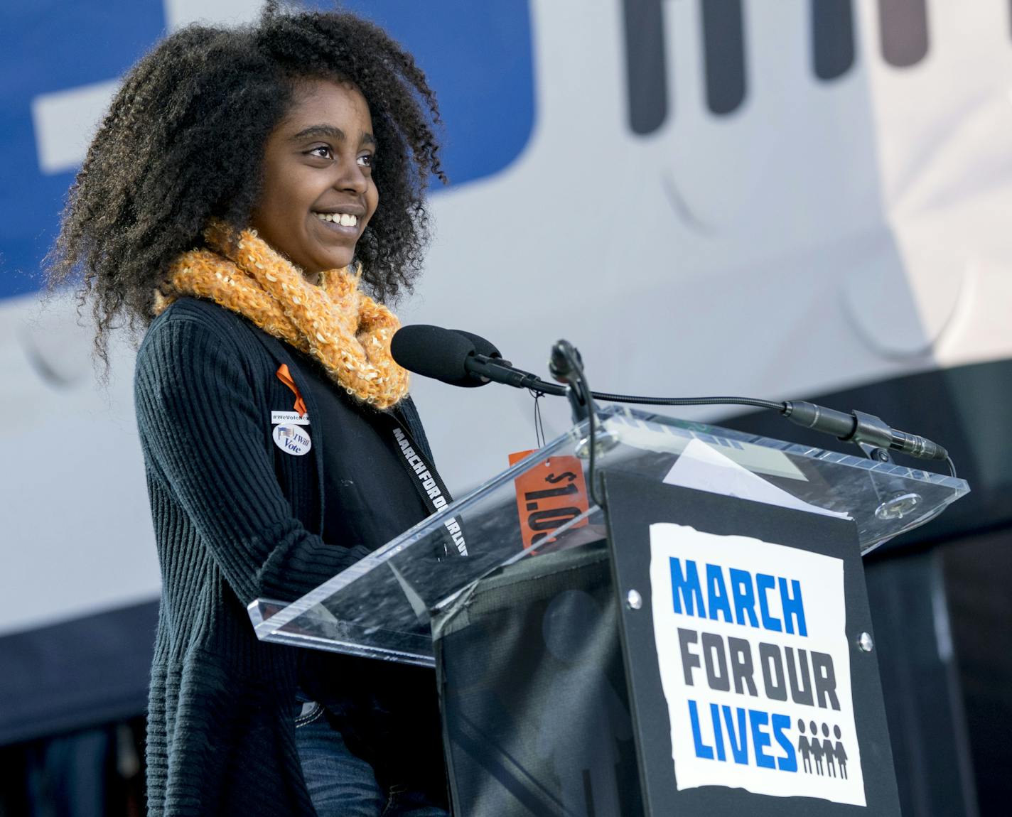 Naomi Wadler, 11, a student at George Mason Elementary School, who organized a school walkout at her school in Alexandria, Va., after the school shooting in Parkland, Fa., speaks during the "March for Our Lives" rally in support of gun control in Washington, Saturday, March 24, 2018. (AP Photo/Andrew Harnik)