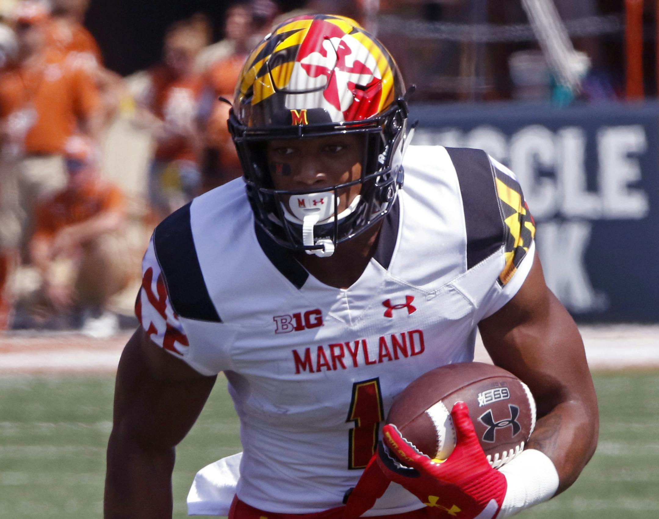 Maryland receiver D.J. Moore runs the ball after a catch during the first half of an NCAA college football game against Texas, Saturday, Sept. 2, 2017, in Austin, Texas. (AP Photo/Michael Thomas)