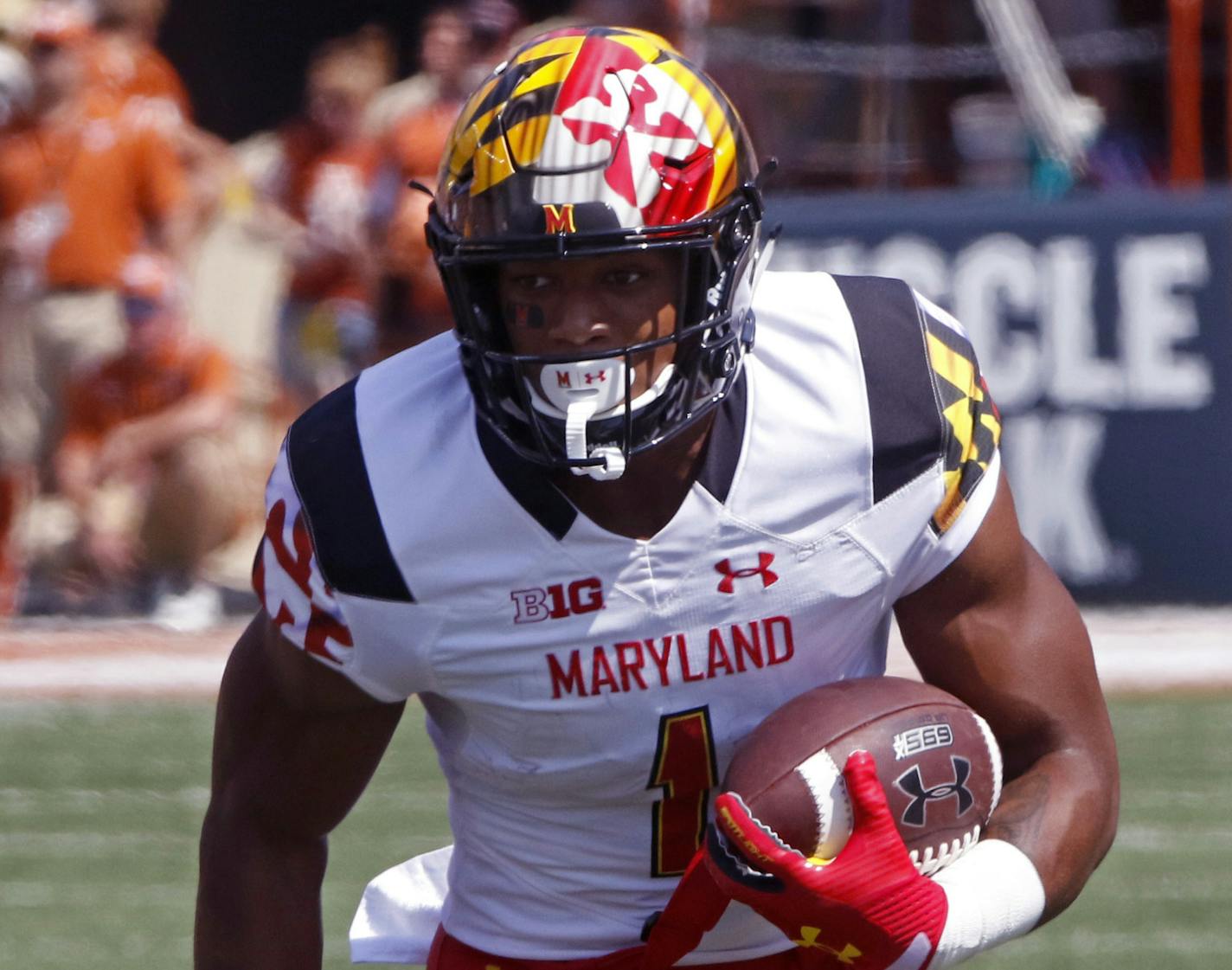 Maryland receiver D.J. Moore runs the ball after a catch during the first half of an NCAA college football game against Texas, Saturday, Sept. 2, 2017, in Austin, Texas. (AP Photo/Michael Thomas)