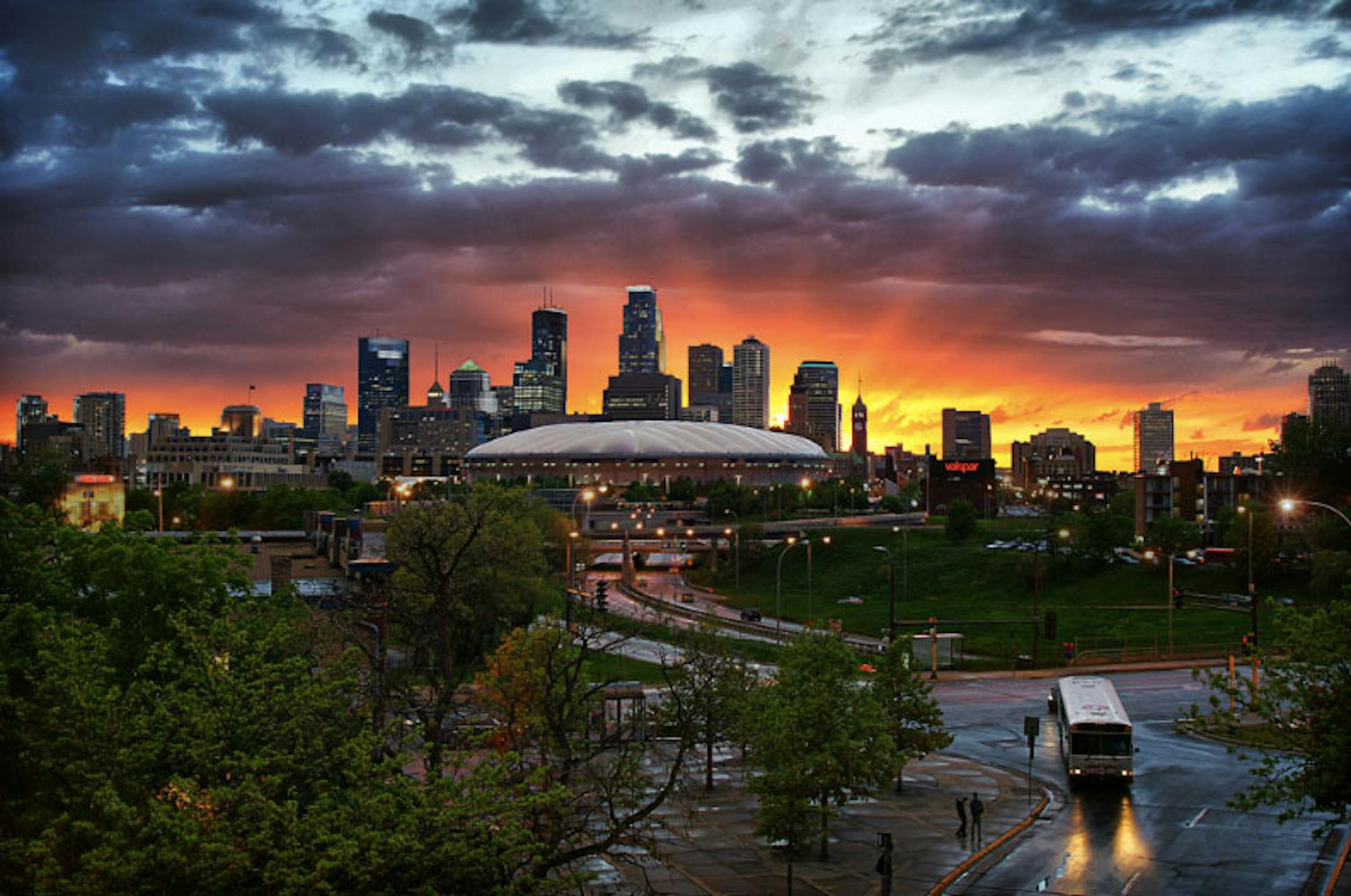 A photo Anderson shot of the downtown skyline at sunset.