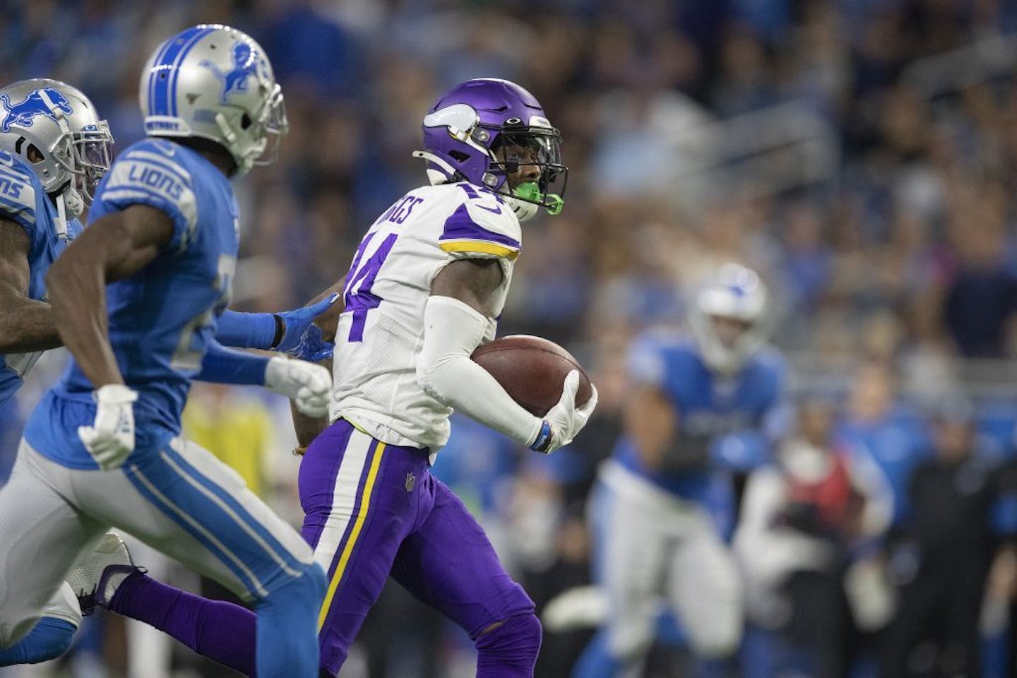 Minnesota Vikings wide receiver Stefon Diggs (14) picked up 66 yards on a catch and run in the fourth quarter at Ford Field.