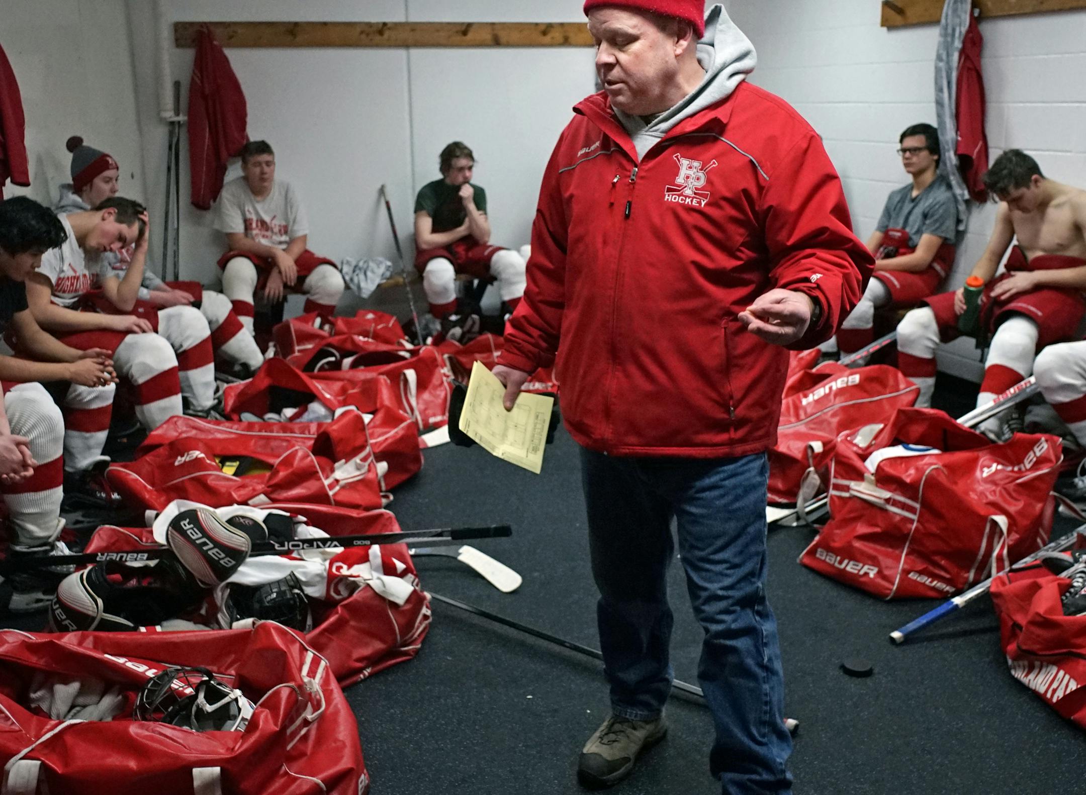 At the Charles M. Schulz - Highland Arena Complex, the Scots took on their rival Como H.S. in a game they lost in the last minute. Pat Auran consoled his players by telling them that he was proud of how they played together as a team.] rtsong-taatarii@startribune.com/ Richard Tsong-Taatarii