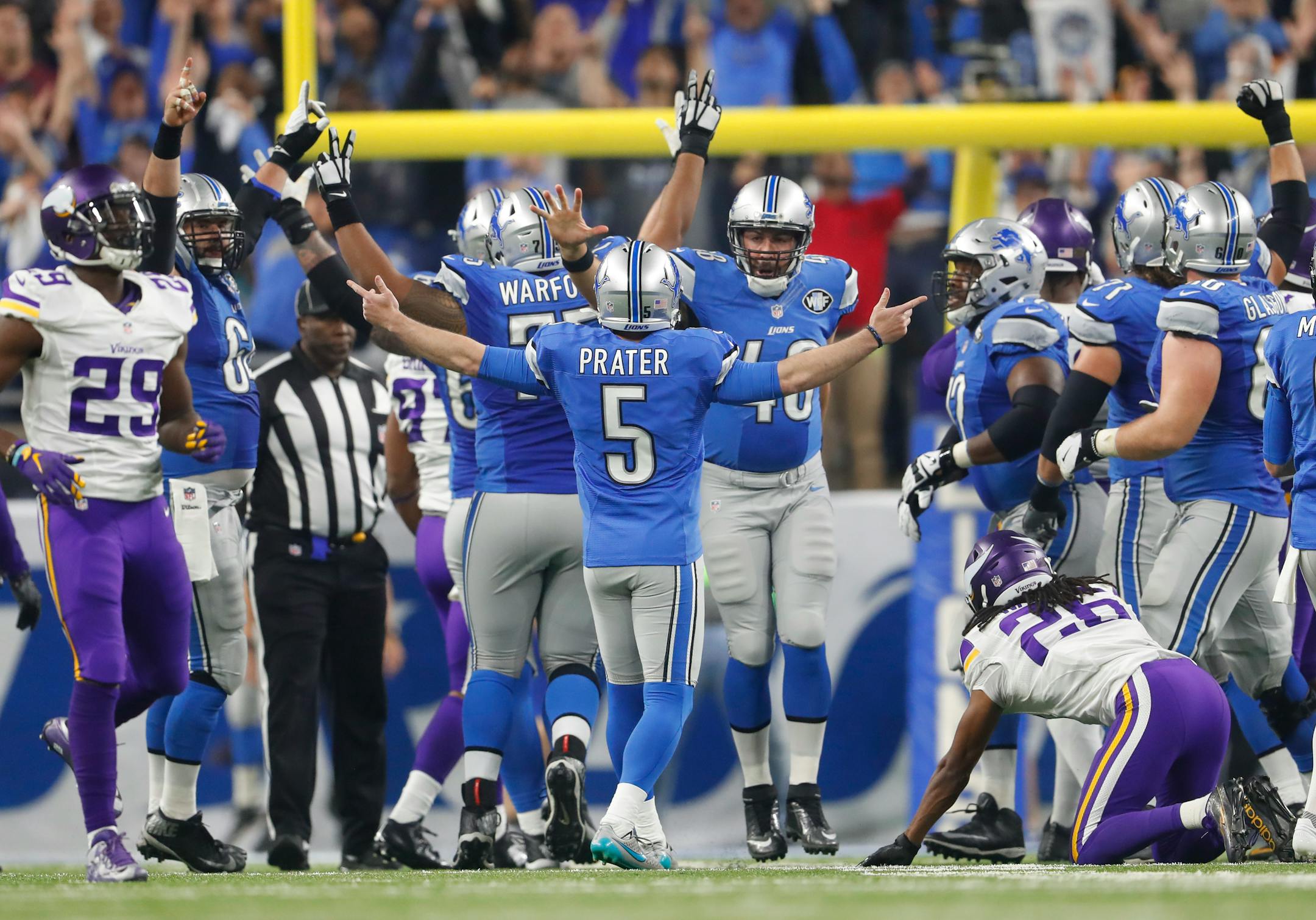 Lions kicker Matt Prater celebrates kicking the game-winning 40-yard field goal against the Vikings in Detroit last Thanksgiving.