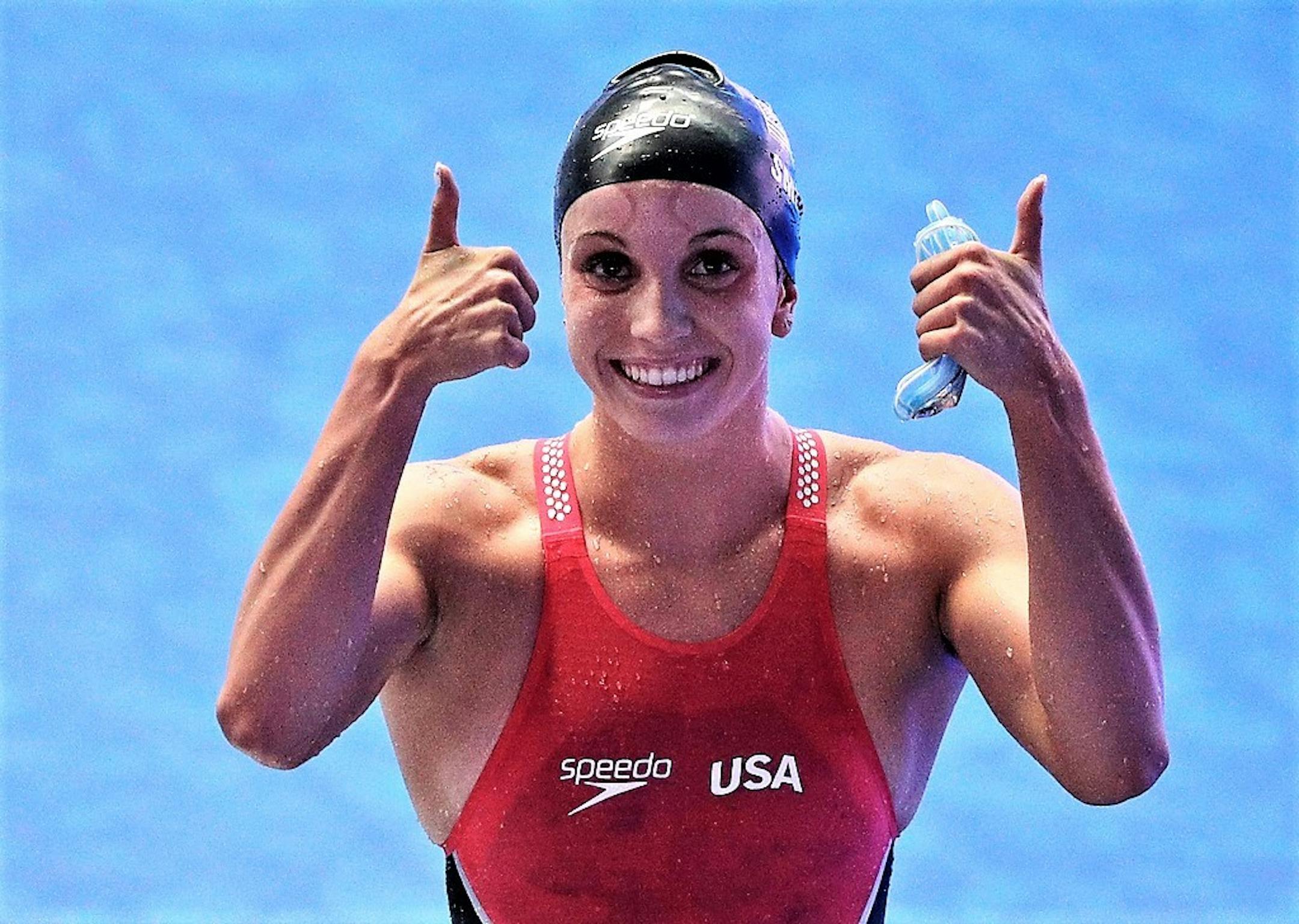 United States' Regan Smith celebrates after winning the women's 200m backstroke final at the World Swimming Championships in Gwangju, South Korea, Saturday, July 27, 2019. (AP Photo/Mark Schiefelbein)
