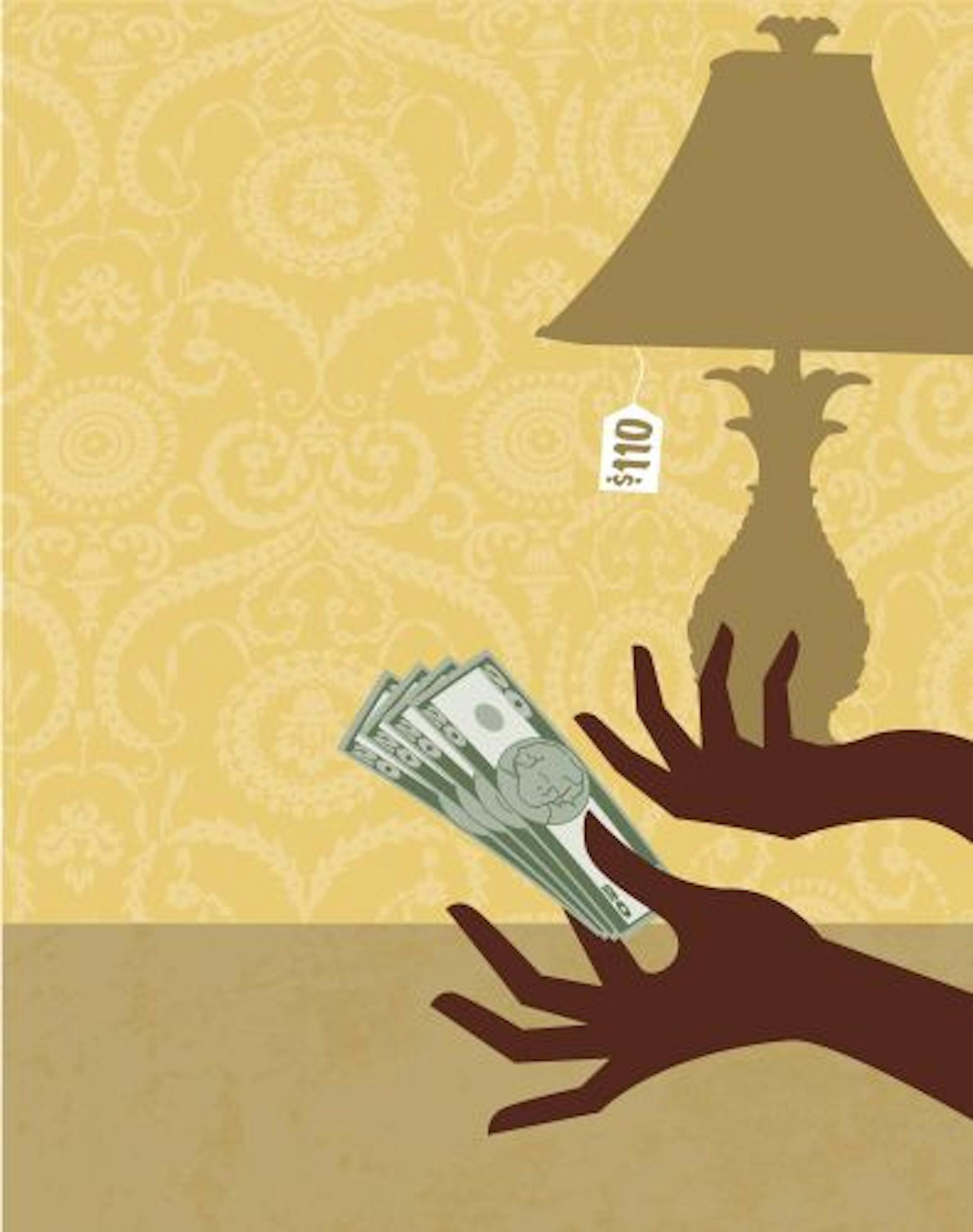 300 dpi Gentry Mullen color illustration of a person holding a lamp with a $110 price tag in one hand and $80 in the other. The Kansas City Star 2010<p>