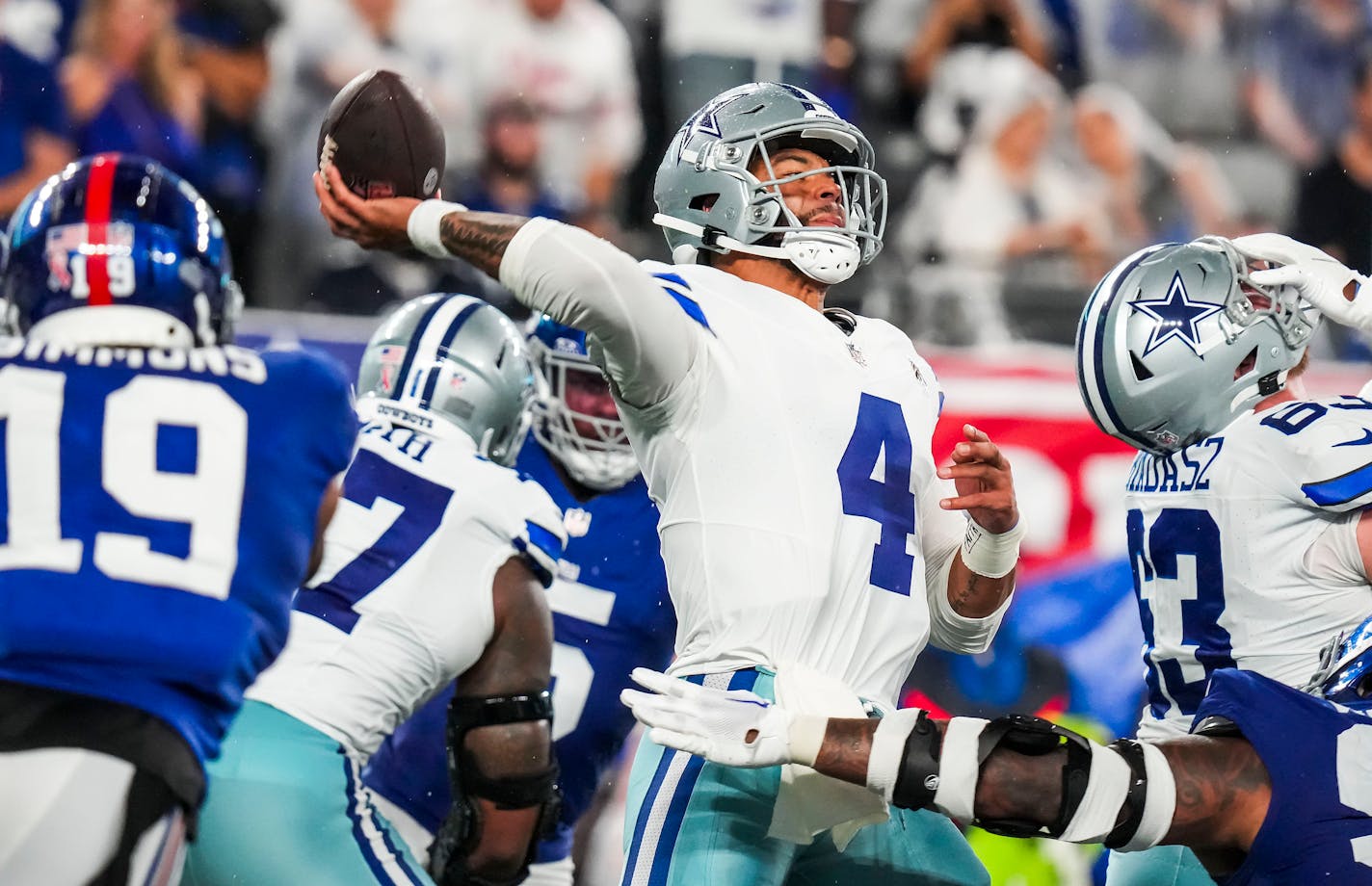 Dallas Cowboys quarterback Dak Prescott (4) throws a pass during the first half against the New York Giants at MetLife Stadium on Sept. 10, 2023, in East Rutherford, New Jersey. (Smiley N. Pool/The Dallas Morning News/TNS)