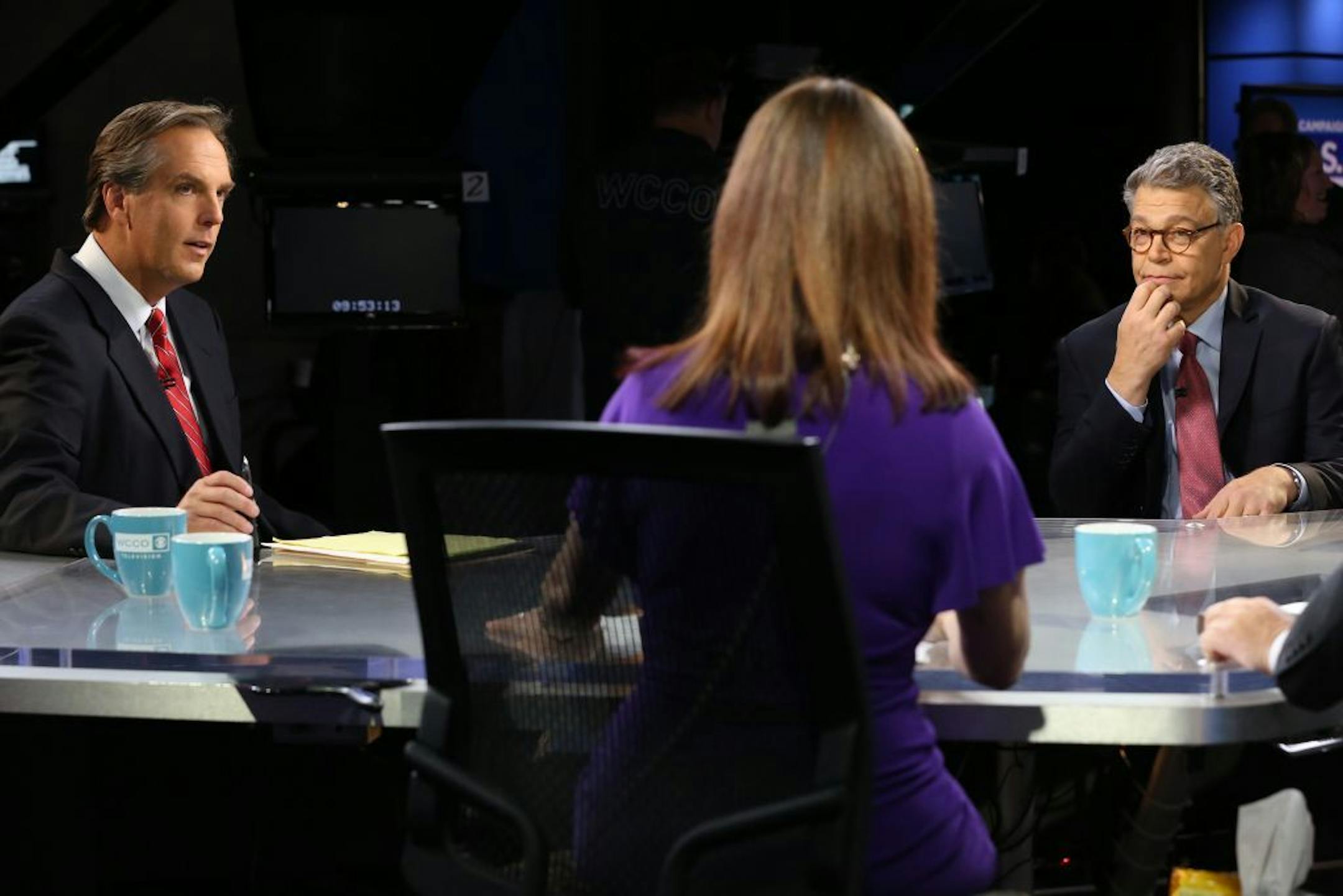 GOP challenger Mike McFadden, left, and Sen. Al Franken faced off in the senatorial debate at WCCO-TV on Sunday.