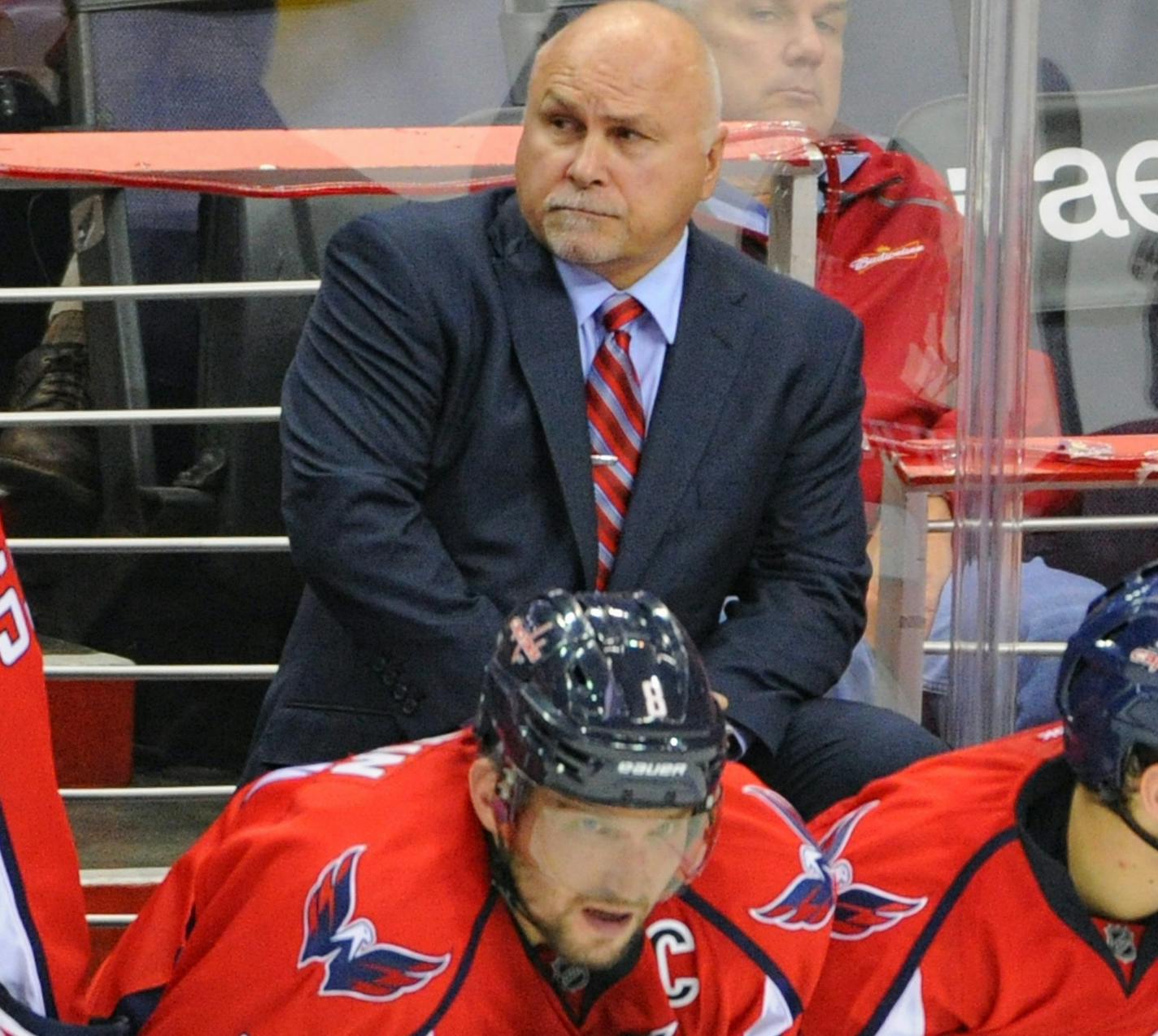 10 October 2015: Washington Capitals head coach Barry Trotz stands behind left wing Alex Ovechkin (8) at the Verizon Center in Washington, D.C. where the Washington Capitals defeated the New Jersey Devils, 5-3 in the Capitals home opener. (Photograph by Mark Goldman/Icon Sportswire) (Icon Sportswire via AP Images) ORG XMIT: 252584