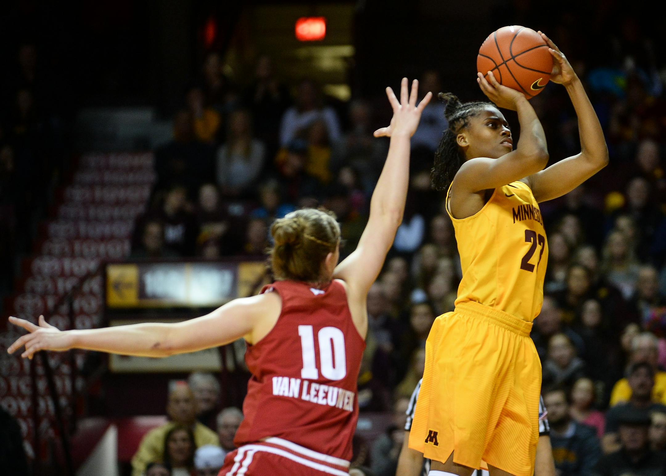 Minnesota Golden Gophers guard Kenisha Bell (23) hit a two-point shot in the first half Jan. 7 against the Wisconsin Badgers. ] (AARON LAVINSKY/STAR TRIBUNE) aaron.lavinsky@startribune.com The University of Minnesota Golden Gophers women's basketball team played the University of Wisconsin Badgers on Saturday, Jan. 7, 2016 at Williams Arena in Minneapolis, Minn.