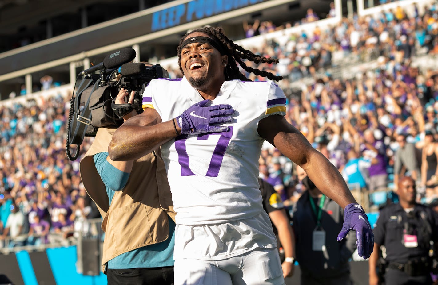 Minnesota Vikings receiver K.J. Osborn (17) celebrated after catching a game winning a 27-yard touchdown reception in overtime.