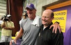 Brett Favre and Vikings coach Brad Childress were all smiles after Favre's first day of practice in 2010.