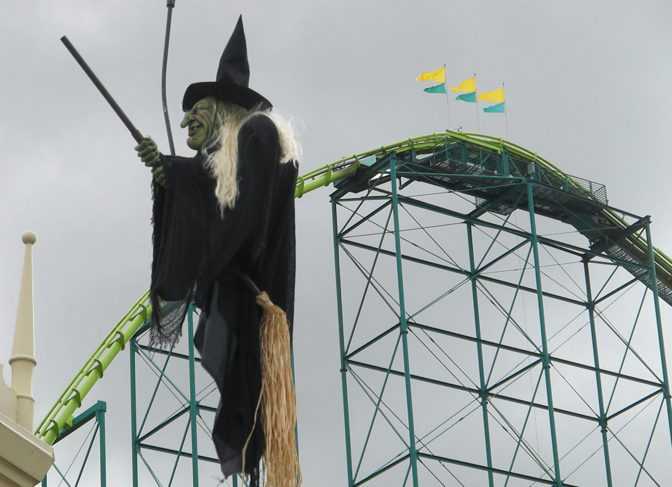 Dylan Belden * dylan.belden@startribune.com A witch swings through the air above on the of the buildings at Valleyfair in Shakopee. The park's Halloween Haunt opened last weekend and runs through late October.