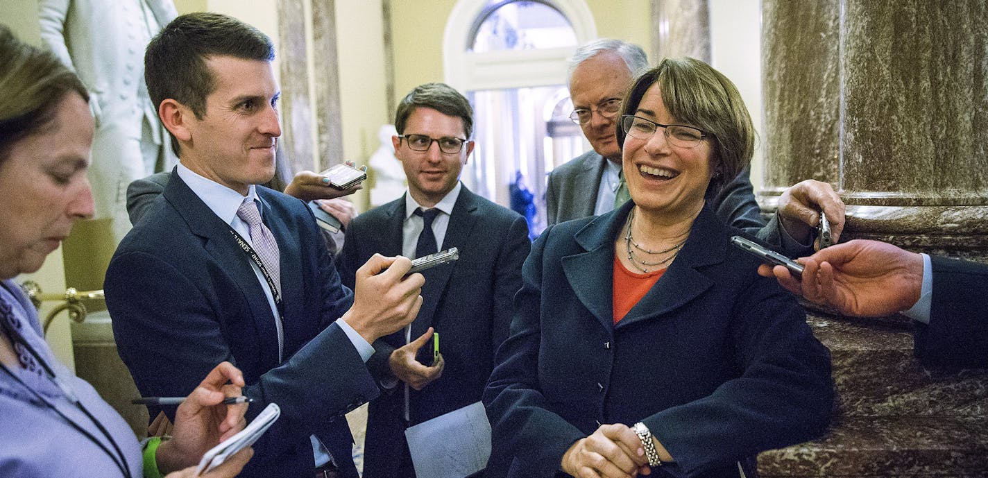 Sen. Amy Klobuchar (D-Minn.) speaks to reporters about a deal that has been reached to resolve a dispute over a sex trafficking bill, at the U.S. Capitol in Washington, April 21, 2015. After weeks of difficult negotiations, the Senate on Tuesday reached an agreement on the bill, paving the way for a confirmation vote on Loretta Lynch to replace Eric Holder as attorney general. &#xec;Today marks a major milestone in our fight against sex trafficking," said Klobuchar. (Doug Mills/The New York Time