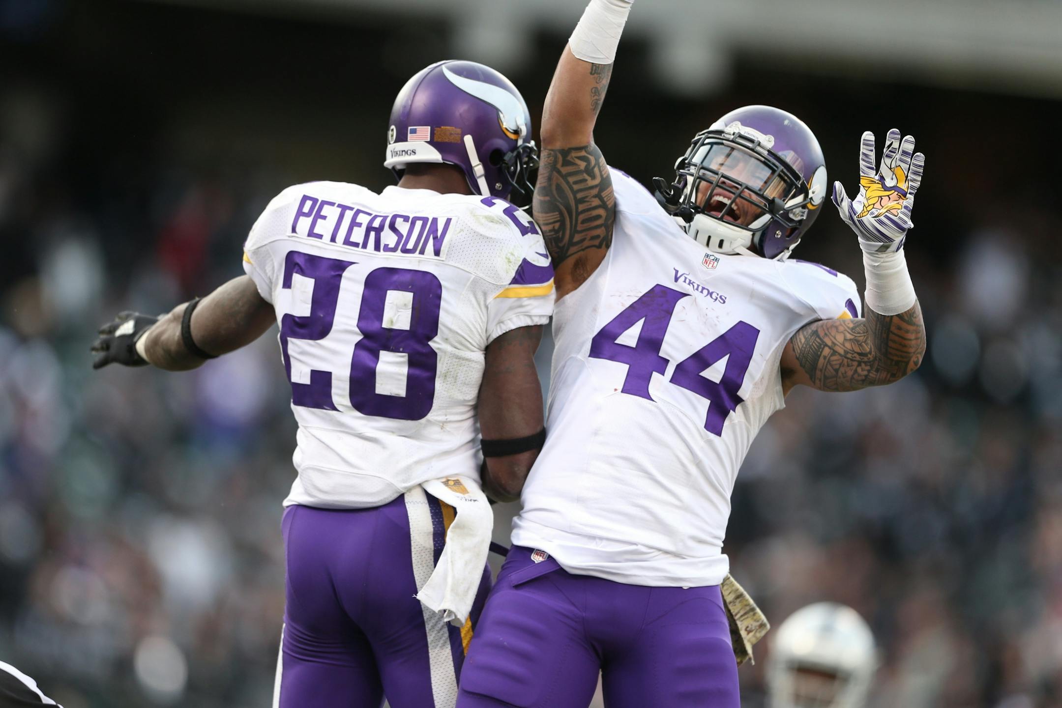Minnesota Vikings running back Adrian Peterson (28) celebrated his 80 yard forth quarter touchdown with Matt Asiata (44) at the Oakland Coliseum Sunday November 15, 2015 in Oakland , CA.
