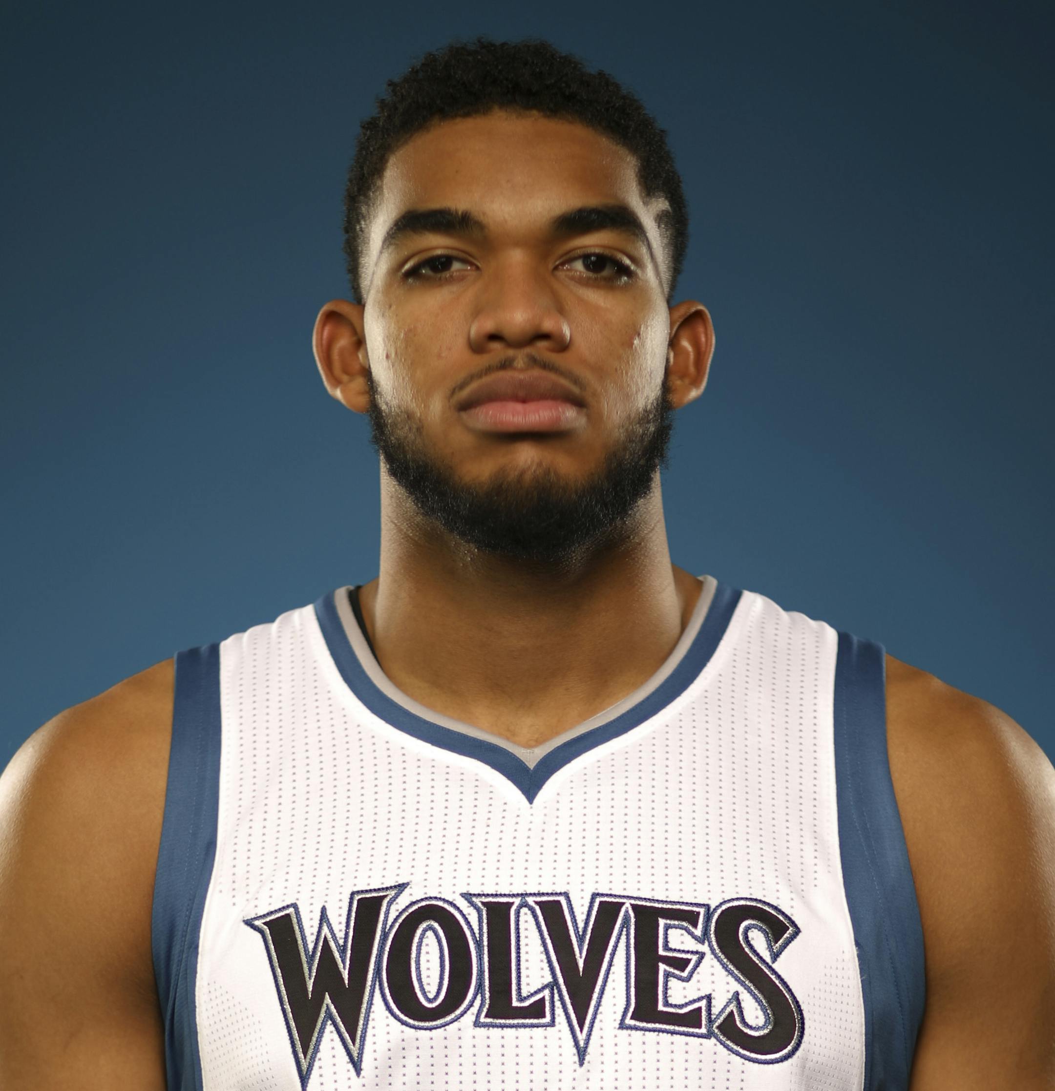 Timberwolves center Karl-Anthony Towns during a portrait session at Media Day Monday afternoon. ] JEFF WHEELER ï jeff.wheeler@startribune.com The Minnesota Timberwolves held their Media Day Monday afternoon, September 26, 2016 at Mayo Clinic Square in Minneapolis.