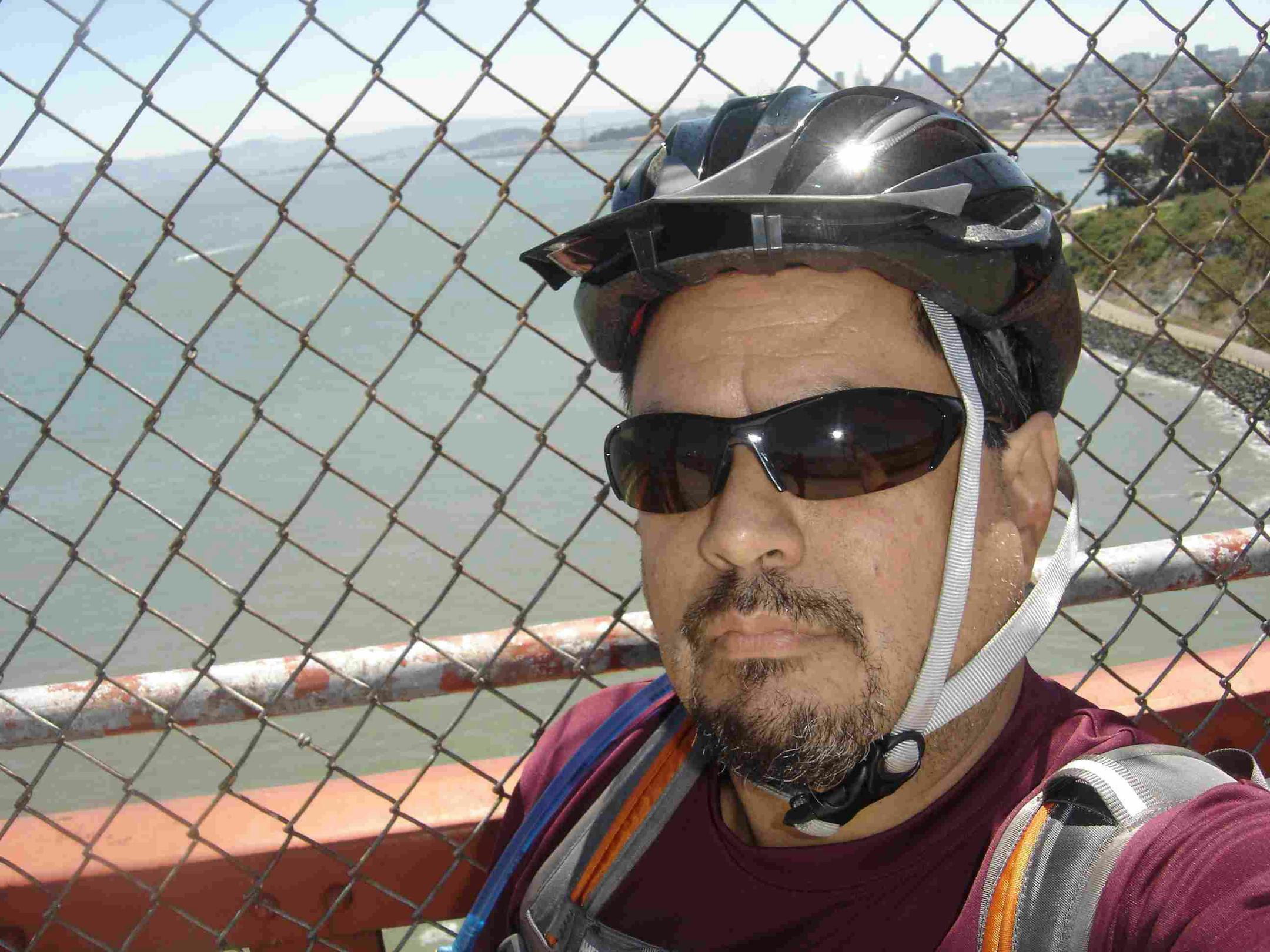 Louis Mendoza took a self-portrait as he crossed the Golden Gate Bridge in San Francisco on the second day of his journey. "My goal was to go, and be not an advocate or educator, but to listen."