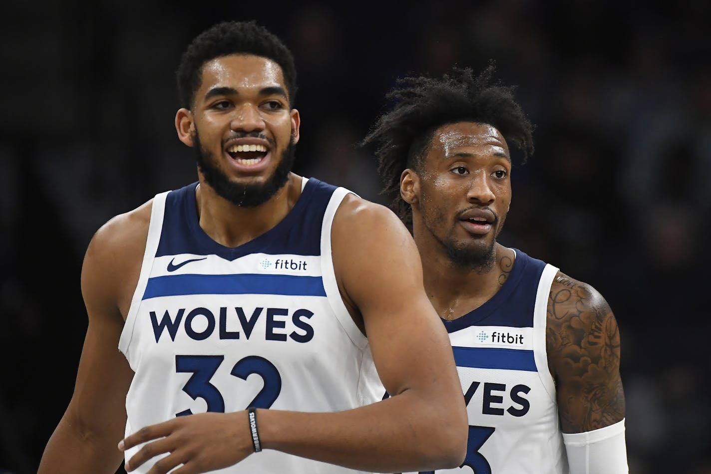 Minnesota Timberwolves center Karl-Anthony Towns (32) and forward Robert Covington (33) walked back to the bench after a New Orleans time out in the first quarter Wednesday. ] Aaron Lavinsky &#xa5; aaron.lavinsky@startribune.com The Minnesota Timberwolves played the New Orleans Pelicans on Wednesday, Nov. 14, 2018 at Target Center in Minneapolis, Minn.