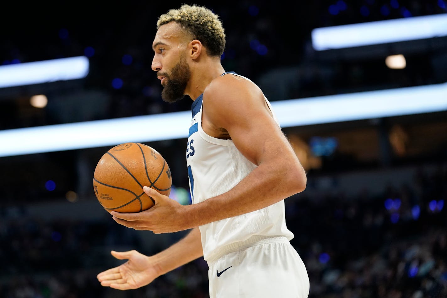 Minnesota Timberwolves center Rudy Gobert reacts to a foul call during the first half of the team's NBA basketball game against the Oklahoma City Thunder, Wednesday, Oct. 19, 2022, in Minneapolis. (AP Photo/Abbie Parr)