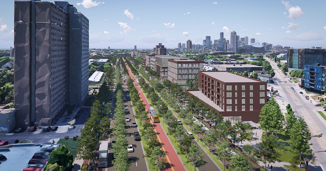 A rendering of proposal to turn Interstate 94 between the downtowns of Minneapolis and St. Paul into a boulevard. The idea is one of several Minnesota transportation officials are reviewing for the stretch of highway.