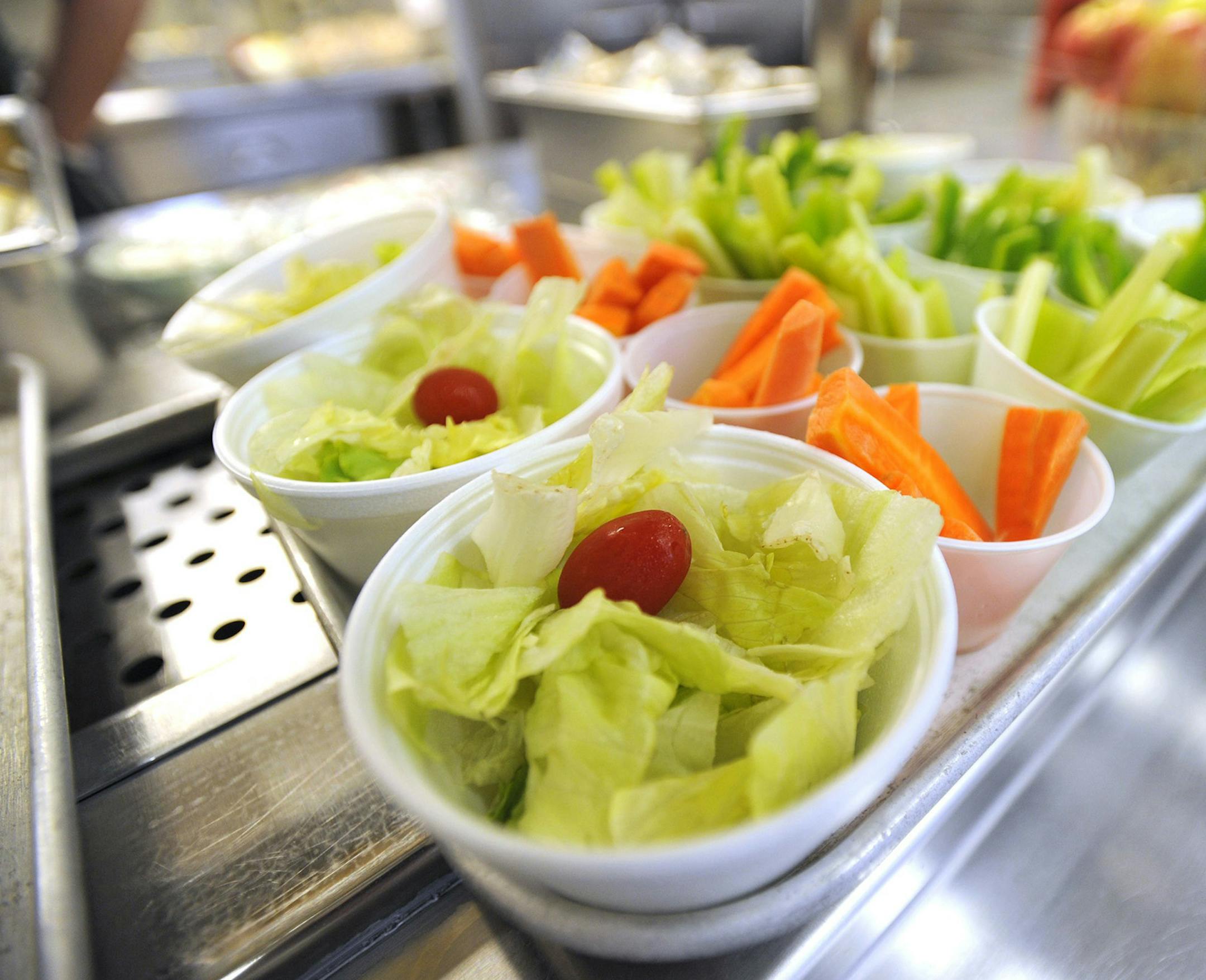 Salads are on display at Wingate Elementary School, May 29, 2014 in Wingate, Pa. District officials had been working on more diverse fruit and veggie selections and heartier portions of those healthier choices long before the U.S. Department of Agriculture required it. They also had been working to switch to whole-grain breads. But the Bald Eagle Area School District has seen an increase in students packing lunches since implementing new lunch standards. (AP Photo/Centre Daily Times, Nabil K. Ma