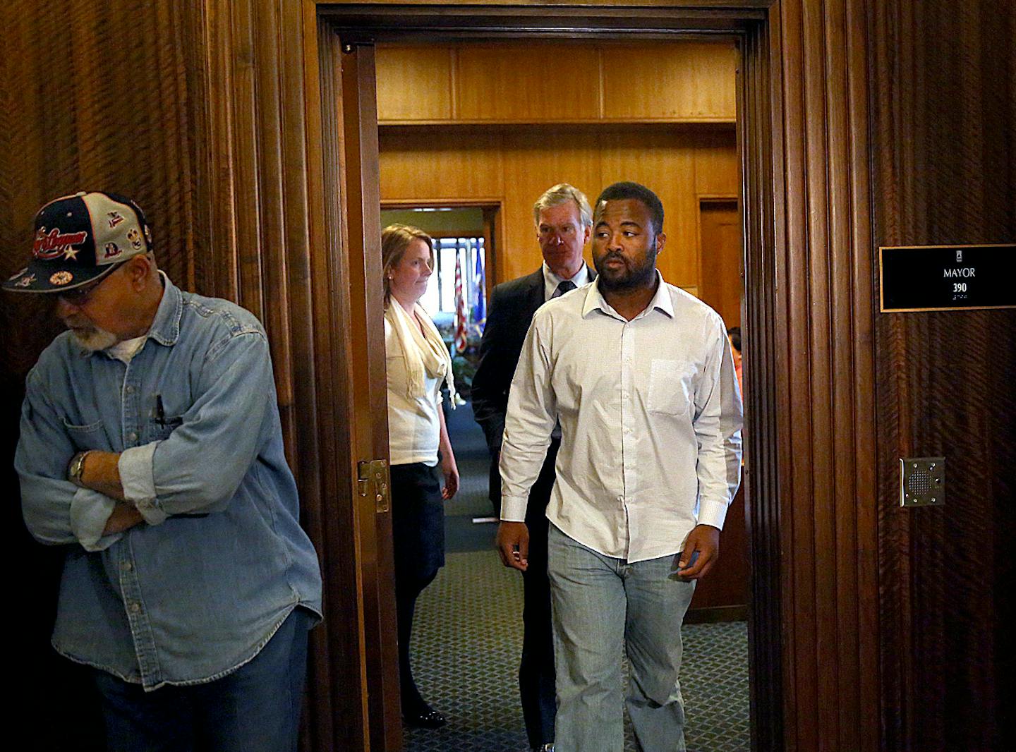 Rashad Turner, the leader of the St. Paul Black Lives Matter group, and St. Paul Mayor Chris Coleman emerged from Coleman&#xcc;s office after meeting Thursday morning. ] JIM GEHRZ &#xd4; james.gehrz@startribune.com / Edina, MN / October 1, 2015 / 10:00 AM &#xd2; BACKGROUND INFORMATION: St. Paul Mayor Chris Coleman meets with Rashad Turner, organizer of the St. Paul chapter of Black Lives Matter, at City Hall sometime this morning to talk about the chapter's planned rally at this weekend's Twin C