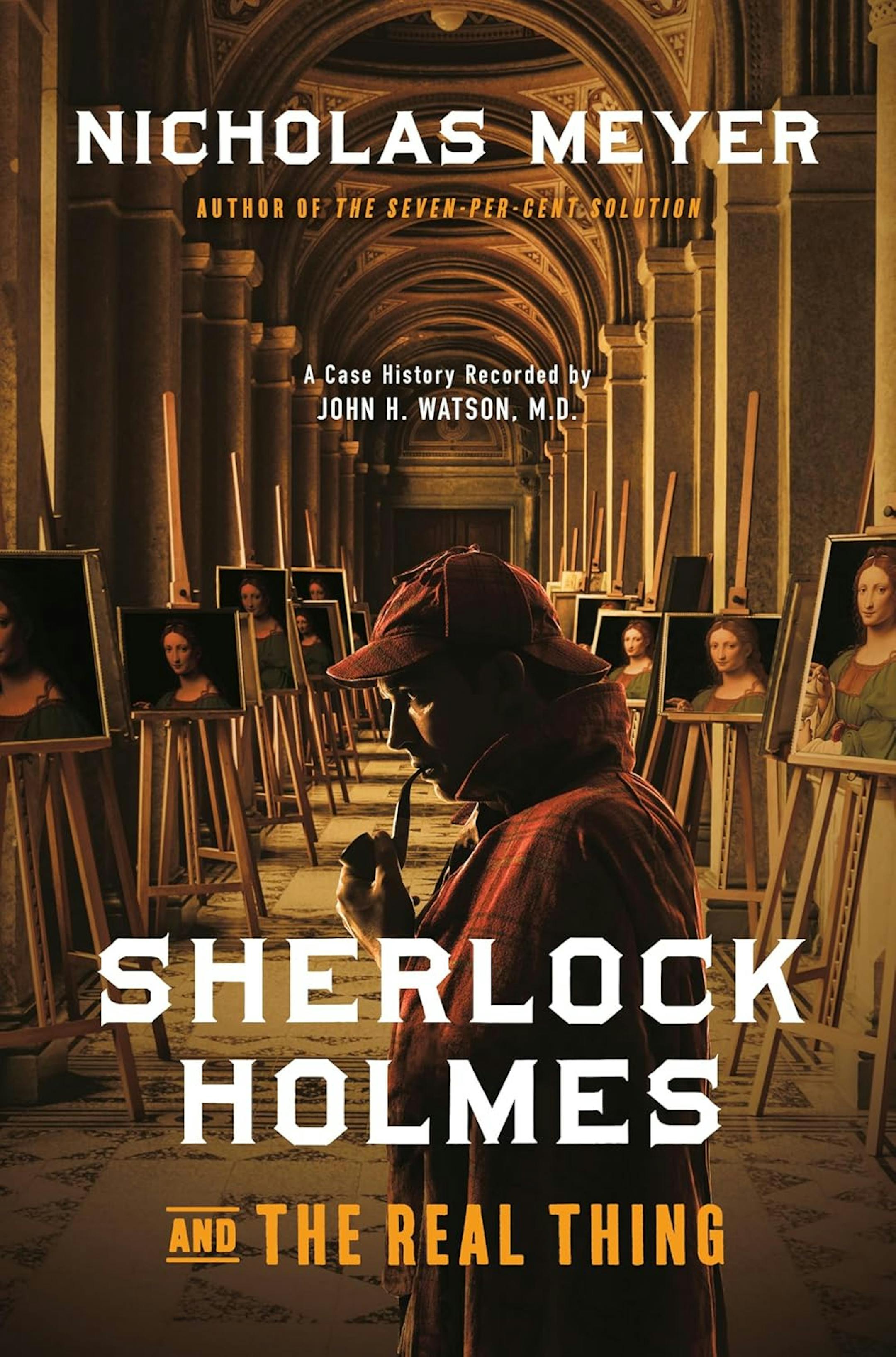 cover of Sherlock Holmes and the Real Thing features the famous sleuth in a hallway lined with paintings on easels