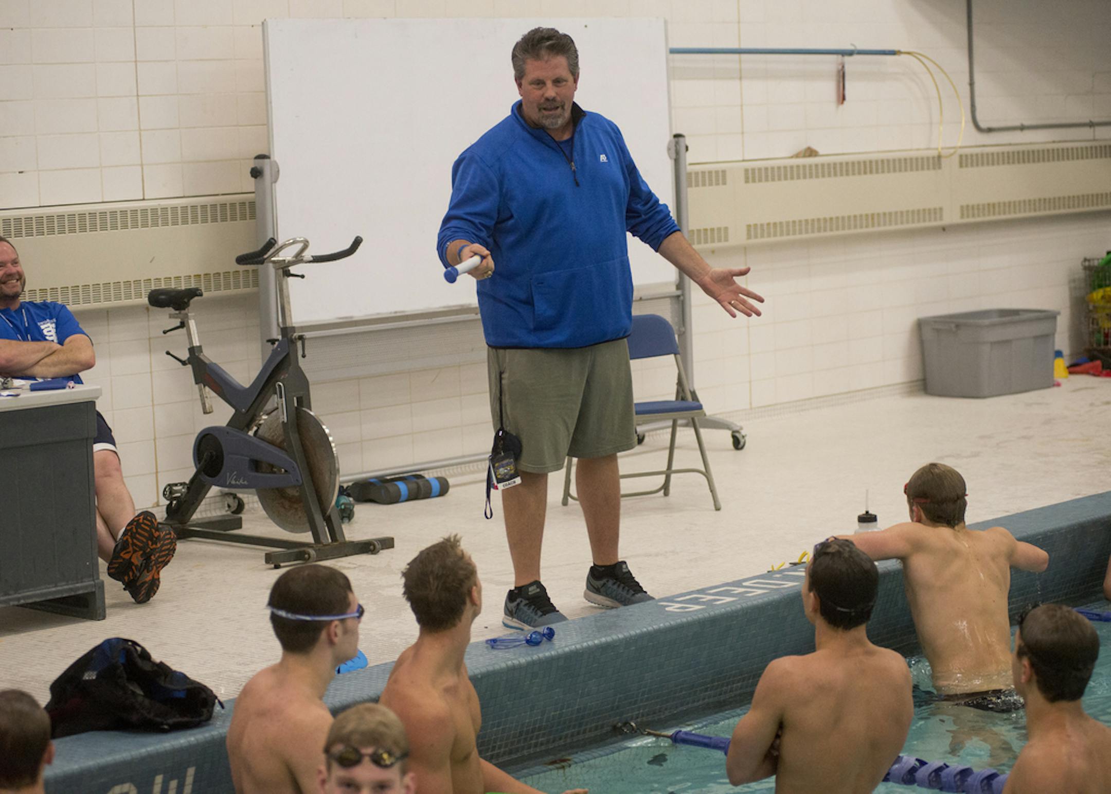 St. Thomas Academy boys' swim team Coach John Barnes leads afternoon practice, Feb. 19, 2016. (Matthew Hintz, special to the Star Tribune)