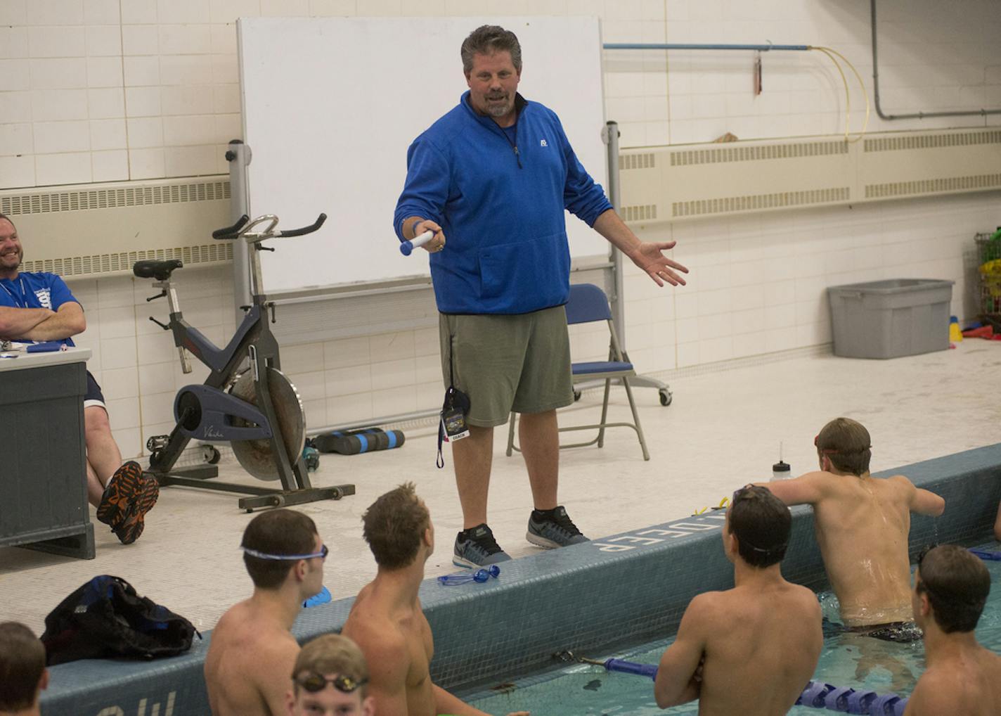 St. Thomas Academy boys' swim team Coach John Barnes leads afternoon practice, Feb. 19, 2016. (Matthew Hintz, special to the Star Tribune)