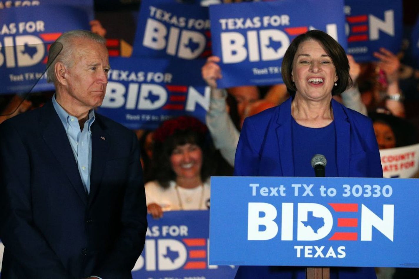 Sen. Amy Klobuchar, D-Minn., endorses Democratic presidential candidate former Vice President Joe Biden at a campaign rally Monday, March 2, 2020 in Dallas.