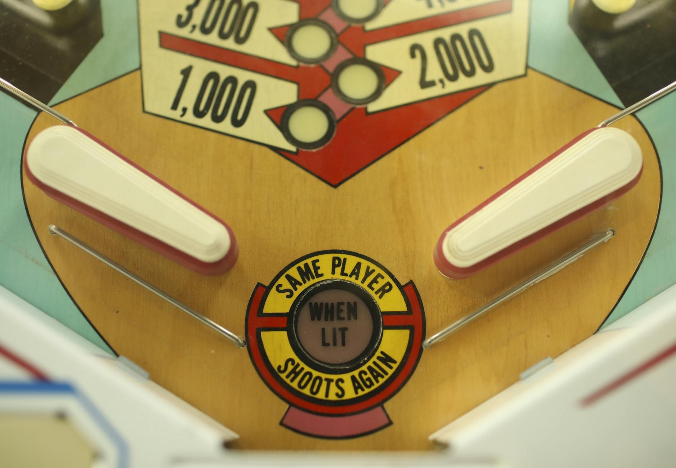Detail of the flippers on a pinball machine.