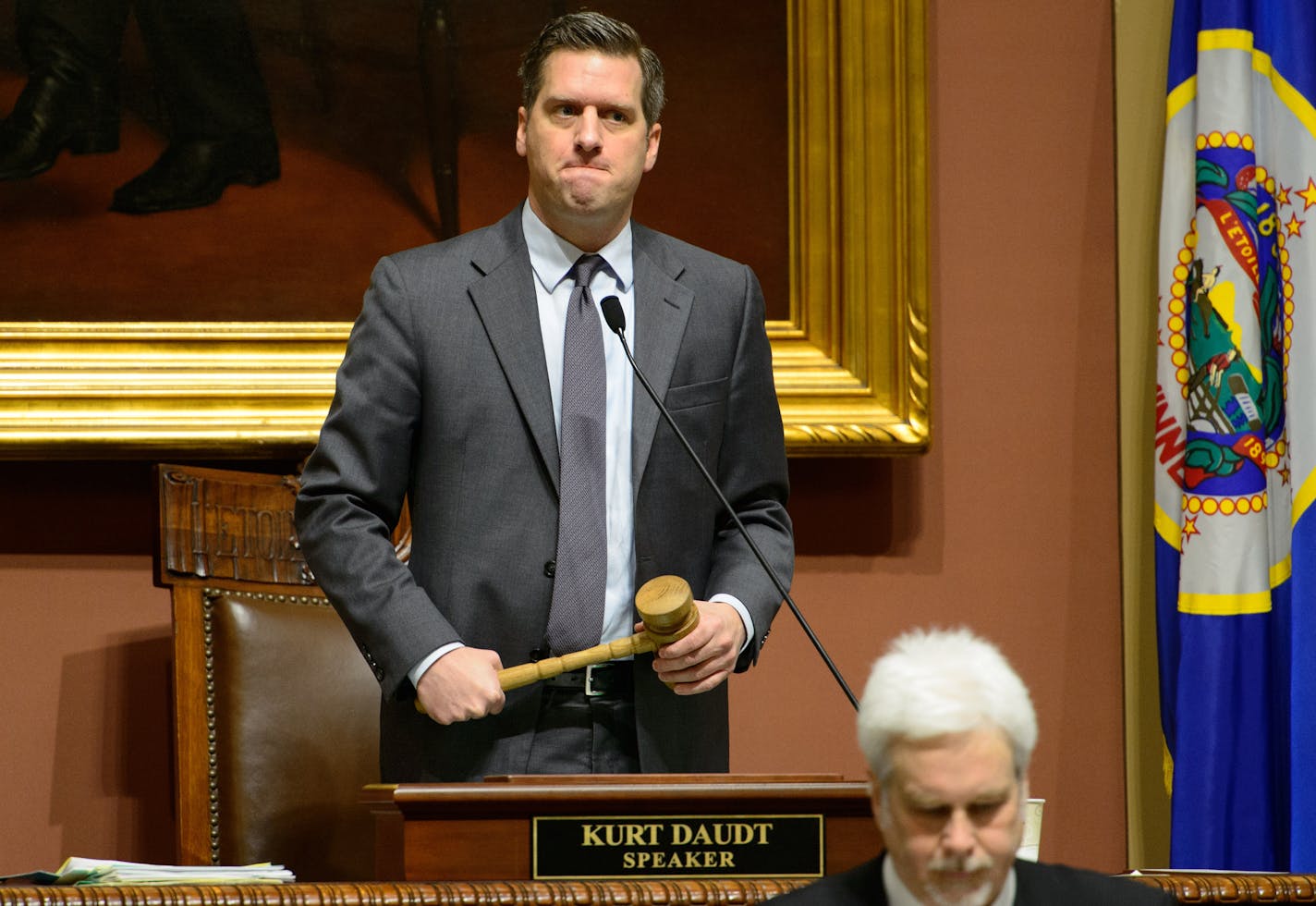 House Speaker Kurt Daudt faced challenges from Minority Leader Paul Thissen for the first hour of the session on access to the public and press, which are severly curtailed from House Republican's choice to hold the session in the House Chamber instead of the cheaper and more accessible Senate Office Building. ] GLEN STUBBE * gstubbe@startribune.com Tuesday March 8, 2016 U.S. Minnesota legislators kick off what is expected to be a short, testy session with $900 million up for grabs in a pivotal