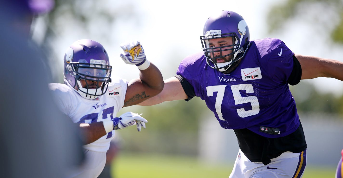 Matt Kalil right tried to block Everson Griffen during Vikings training camp at Minnesota State University Mankato Wednesday July 29, 2015 in Mankato, MN. ] Jerry Holt/ Jerry.Holt@Startribune.com