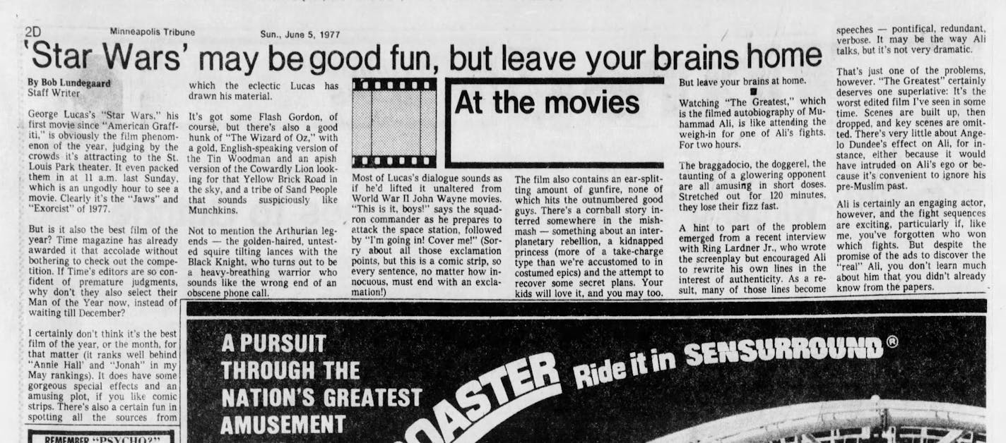 The review of "Star Wars" that ran June 5, 1977, by Star Tribune movie critic Bob Lundegaard.