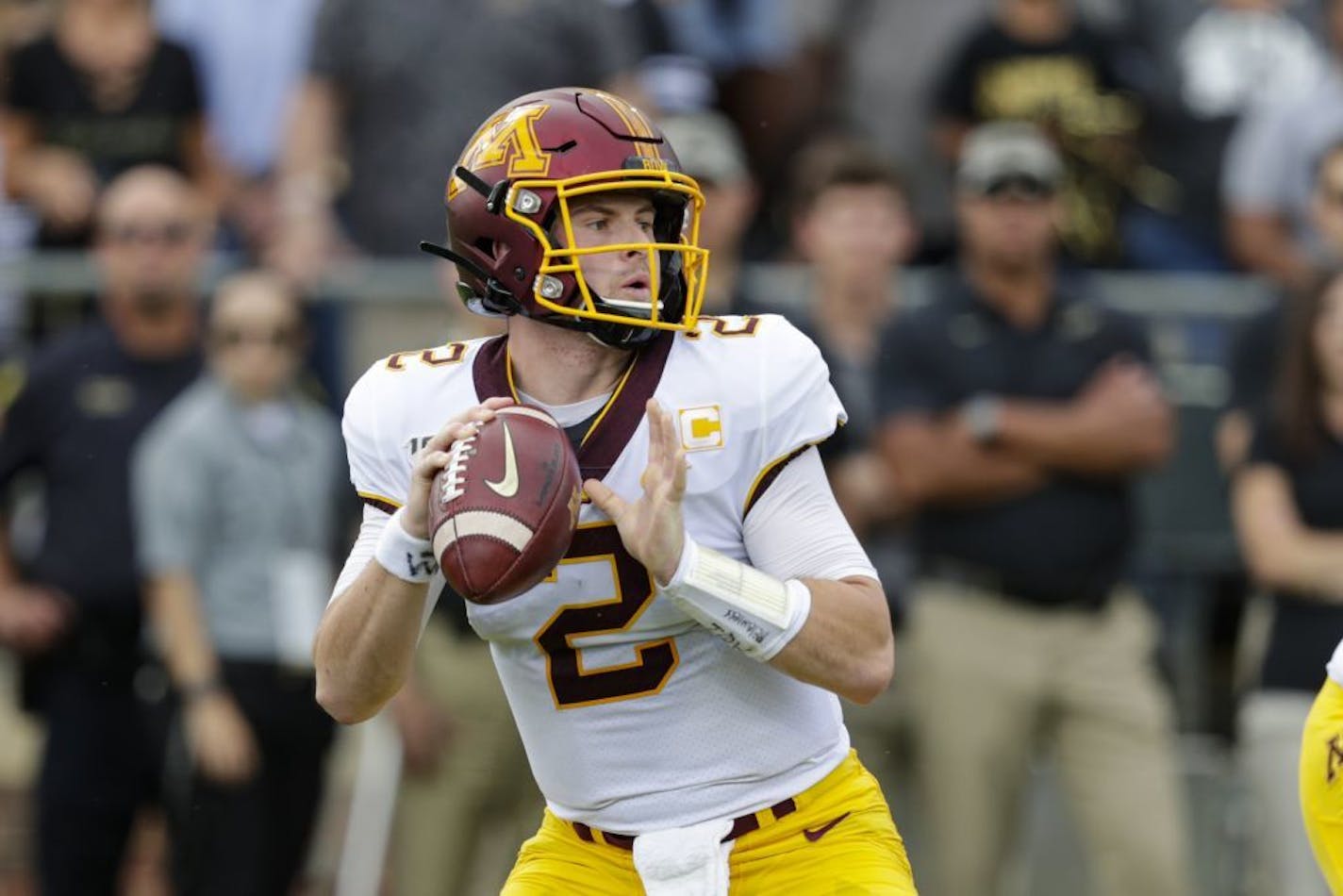 Minnesota quarterback Tanner Morgan (2) throws against Purdue during the first half of an NCAA college football game in West Lafayette, Ind., Saturday, Sept. 28, 2019.