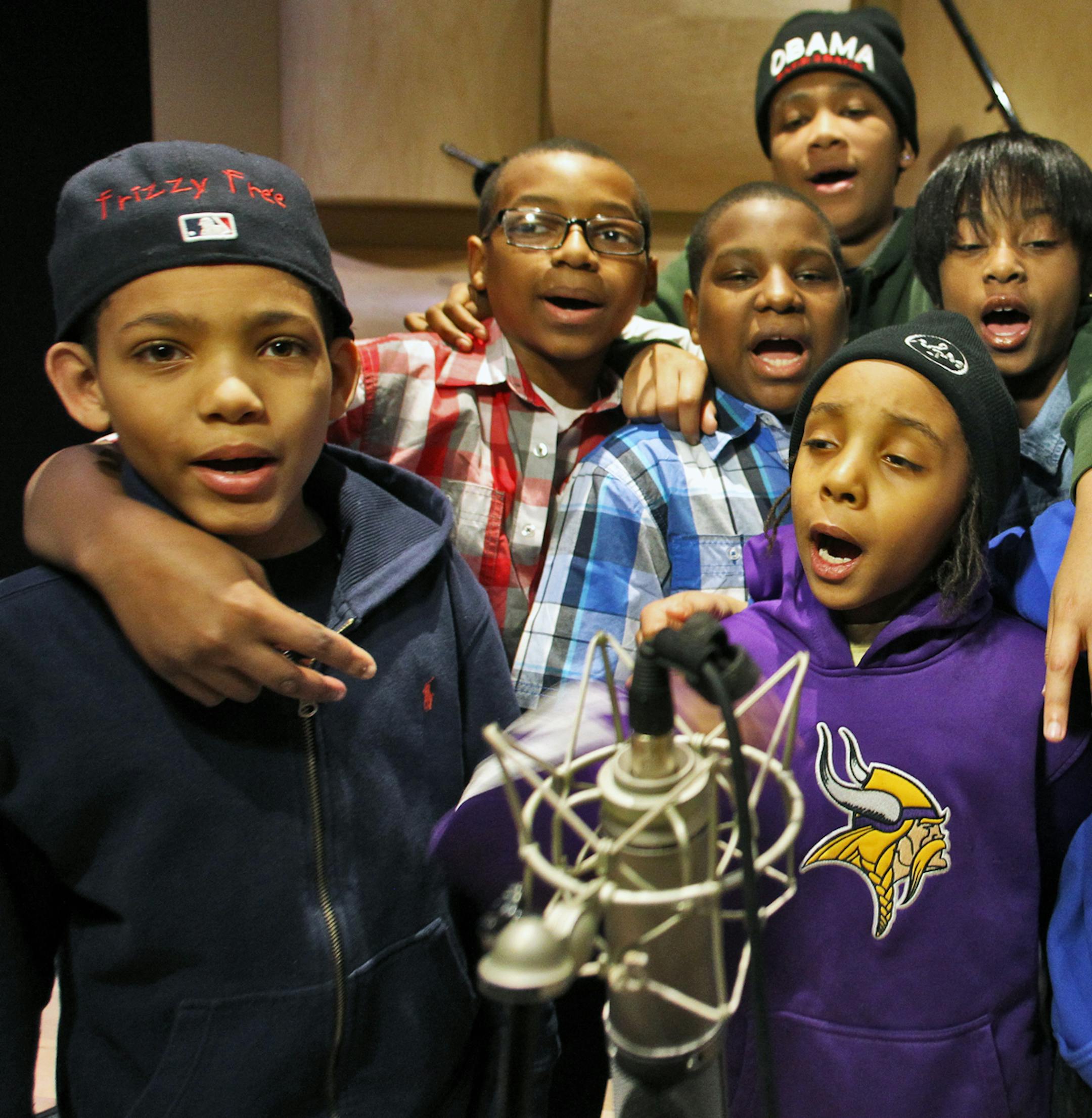 The KIDS from north Minneapolis who recorded the viral hit "Hot Cheetos & Takis". Here they rehearse in a Minneapolis recording studio. Frizzy Free, 10, Fly Guy Carter, 11, G6, 12, Chips, 14 (wearing Obama hat), Ben, 10, Lady J, 10 and Naz, 11. (MARLIN LEVISON/STARTRIBUNE(mlevison@startribune.com (cq -all names Melissa Mercedes - parent/group rep NOTE: MERCEDES PREFERRED TO USE THE KIDS STAGE NAMES) ORG XMIT: MIN1302070001250465