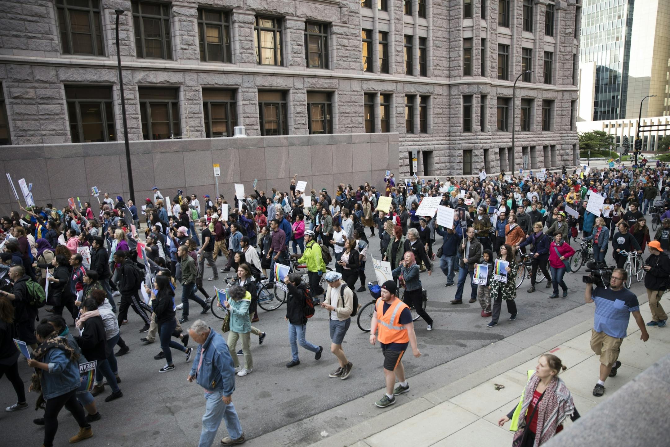 A large croad marched through downtown Minneapolis in protest after after President Donald Trump announced his plans to rescind DACA on Tuesday, September 5, 2017, Minneapolis, Minn.
