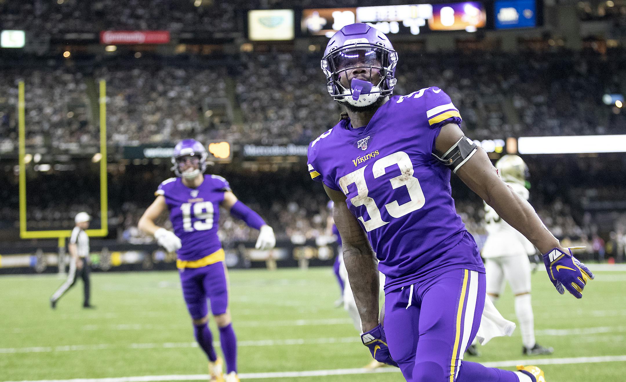 Minnesota Vikings running back Dalvin Cook celebrated after he ran the ball into the end zone for a touchdown in the second quarter. ] ELIZABETH FLORES &#x2022; liz.flores@startribune.com The Minnesota Vikings take on the New Orleans Saints at Mercedes-Benz Superdome, Sunday, January 5, 2020 in New Orleans, LA.