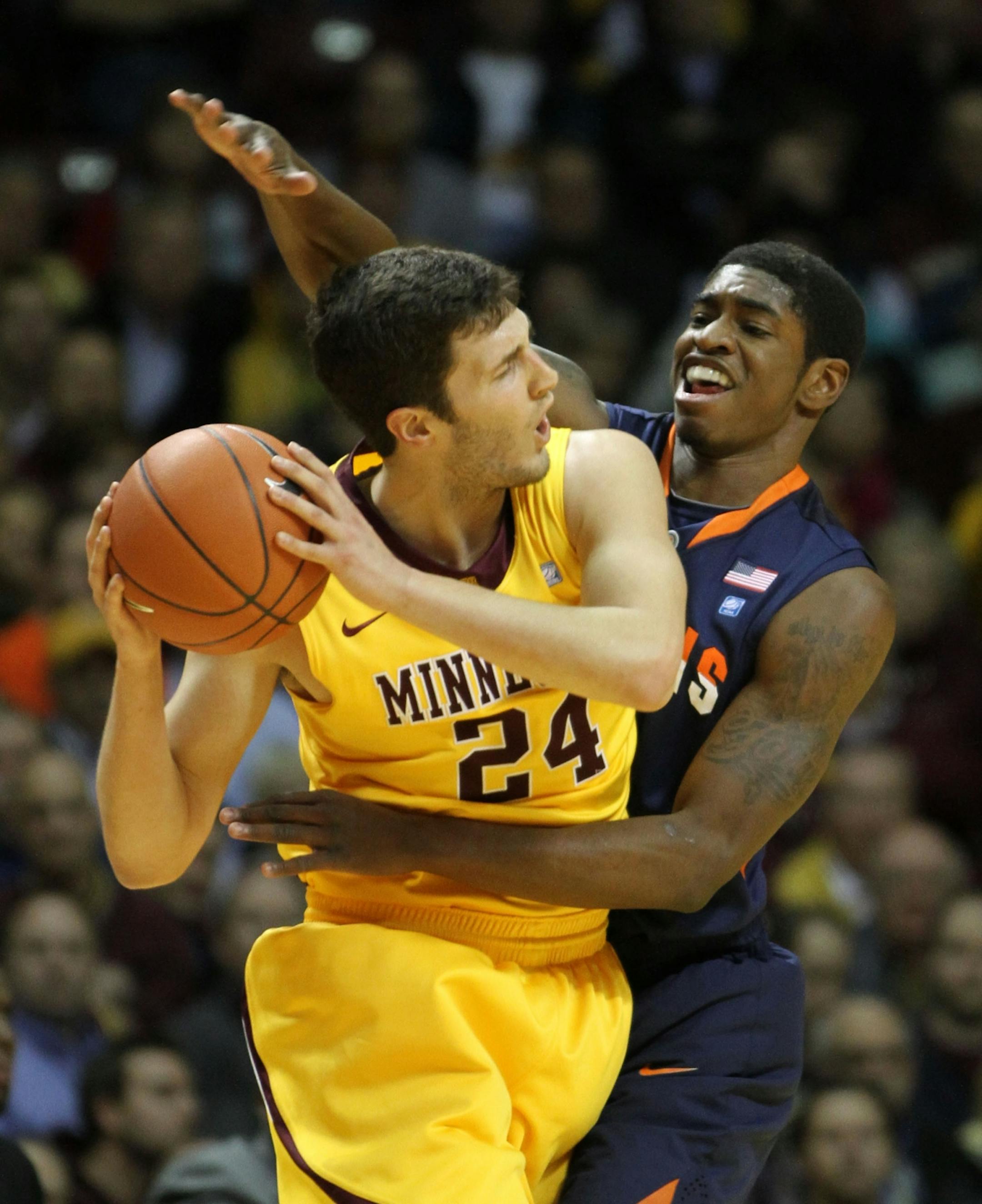 Gophers guard Blake Hoffarber looked for an opening as Illinois' Brandon Paul defended in the first half of Thursday night's game at Williams Arena.