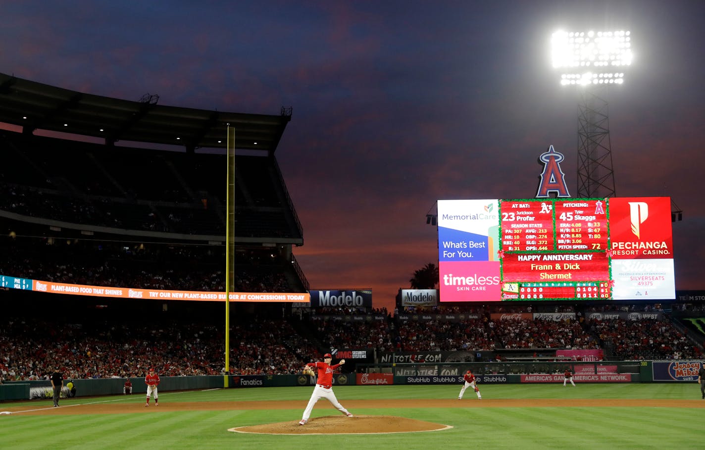 Los Angeles Angels starting pitcher Tyler Skaggs throws to the Oakland Athletics during a baseball game Saturday, June 29, 2019, in Anaheim, Calif. (AP Photo/Marcio Jose Sanchez)