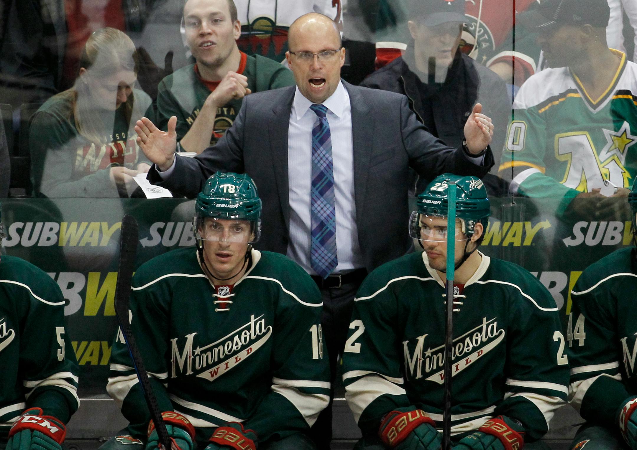 Wild coach Mike Yeo argued his point during Saturday's 3-2 shootout loss to Detroit. The Wild can clinch a playoff berth if it beats Winnipeg in regulation on Monday. "We know what's at stake for them, we know what's at stake for ourselves," Yeo said. "We know it's going to be an intense game."