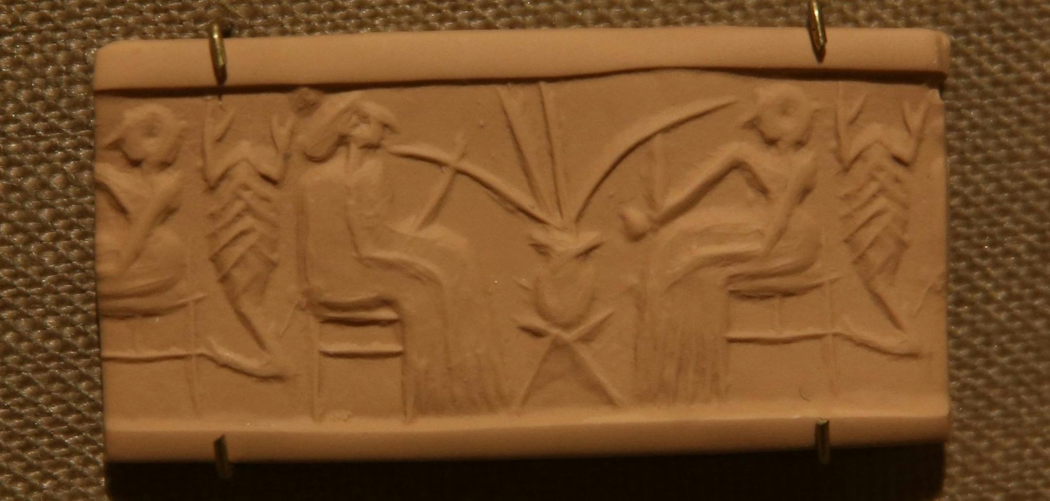A clay seal depicting beer drinking in a banquet scene dating from 2600-2350 B.C. from the Khafajah site in the Diyala region of Iraq, excavated by the Oriental Institute in the 1930's. University of Chicago archeologists are working with the Cleveland-based Great Lakes Brewery to recreate Sumerian beer based on a formula dating to the third millennium B.C. (E. Jason Wambsgans/Chicago Tribune/MCT)