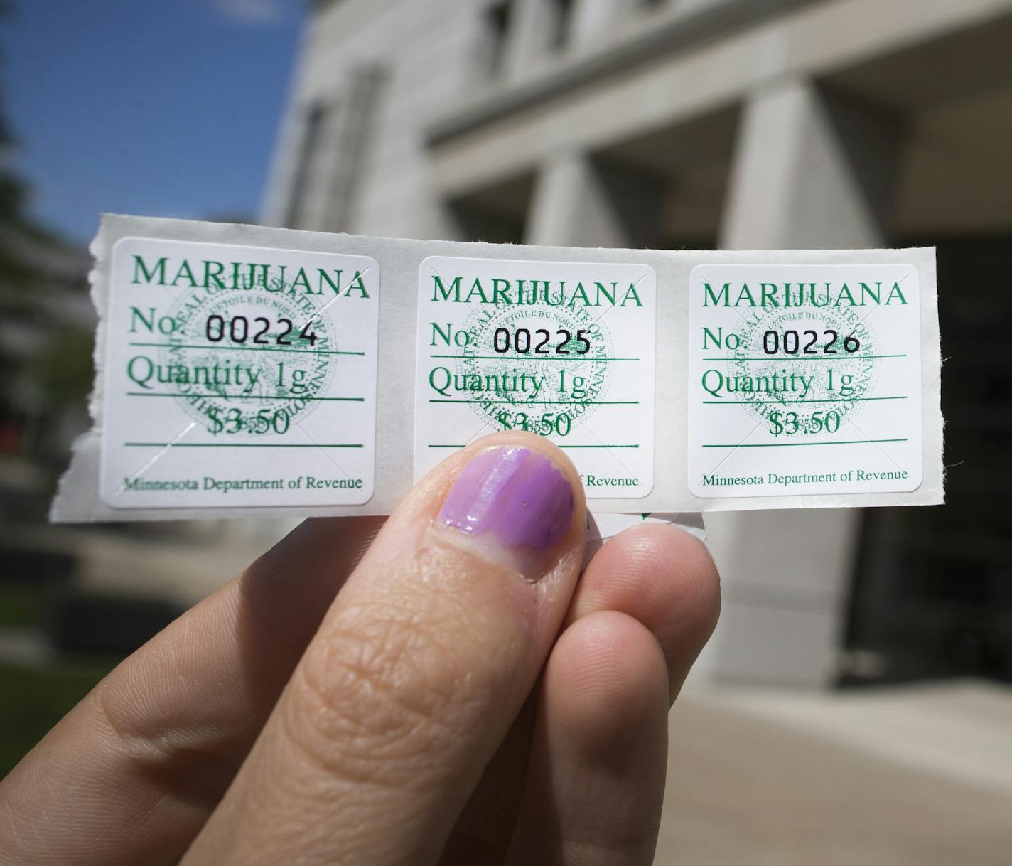 Minnesota law requires a tax stamp to be purchased for illegal drug sales. Stamps for 1 gram marijuana sales are pictured at the Minnesota Department of Revenue in St. Paul, Minn. on September 8, 2014. ] RENEE JONES SCHNEIDER &#x2022; reneejones@startribune.com