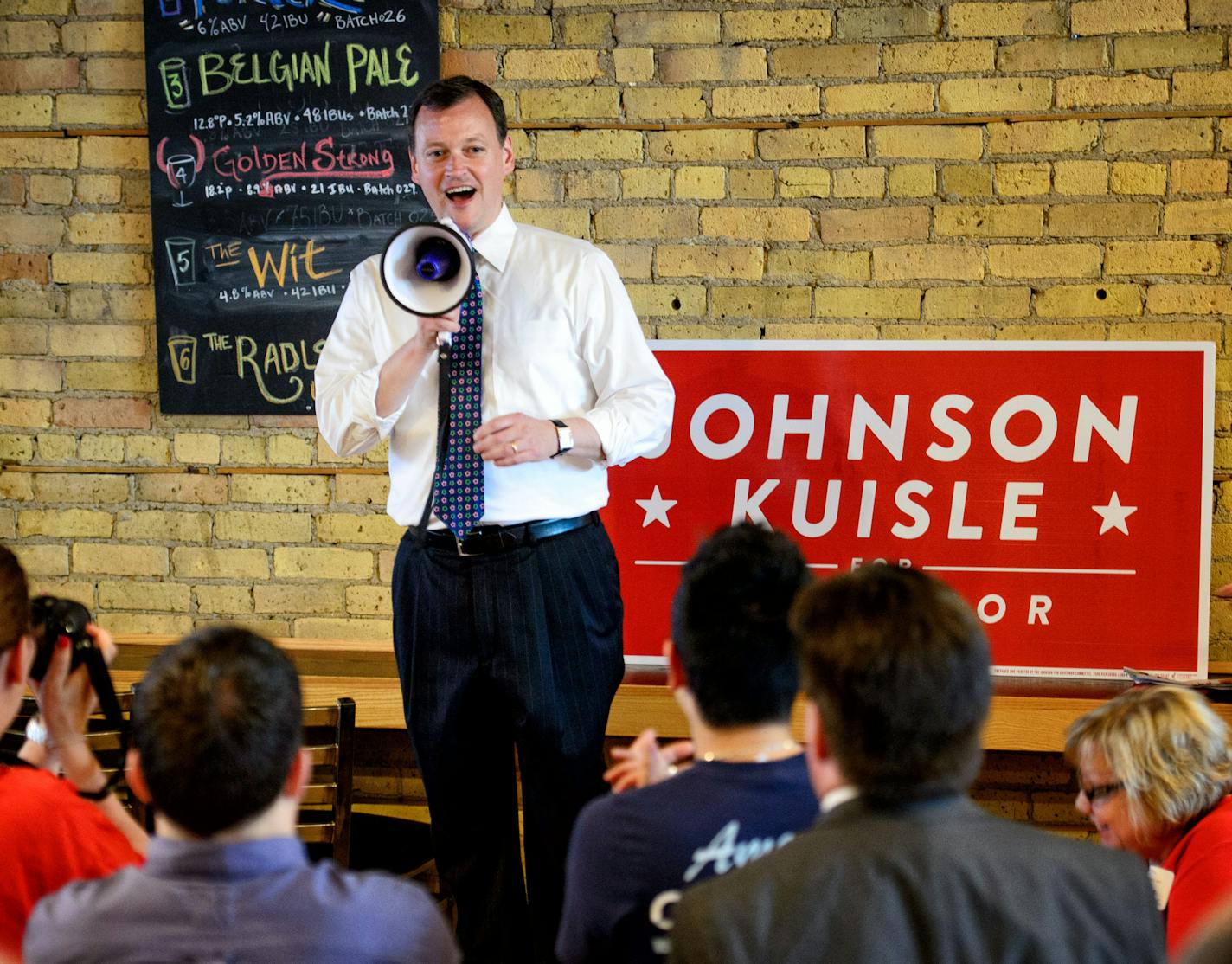 Jeff Johnson greeted supporters at a fundraiser at the Day Block Brewing Co in Minneapolis. July 8, 2014 ] GLEN STUBBE * gstubbe@startribune.com ORG XMIT: MIN1407091331220366