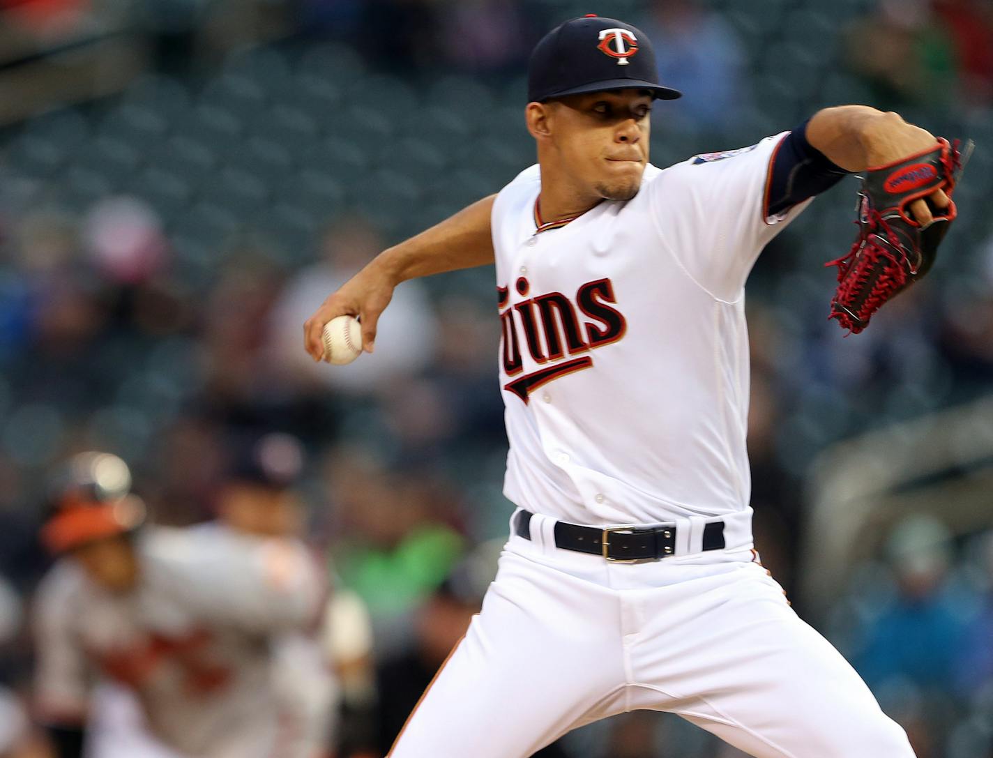 Minnesota Twins starting pitcher Jose Berrios (17) threw a pitch in the first inning Tuesday night at Target Field.