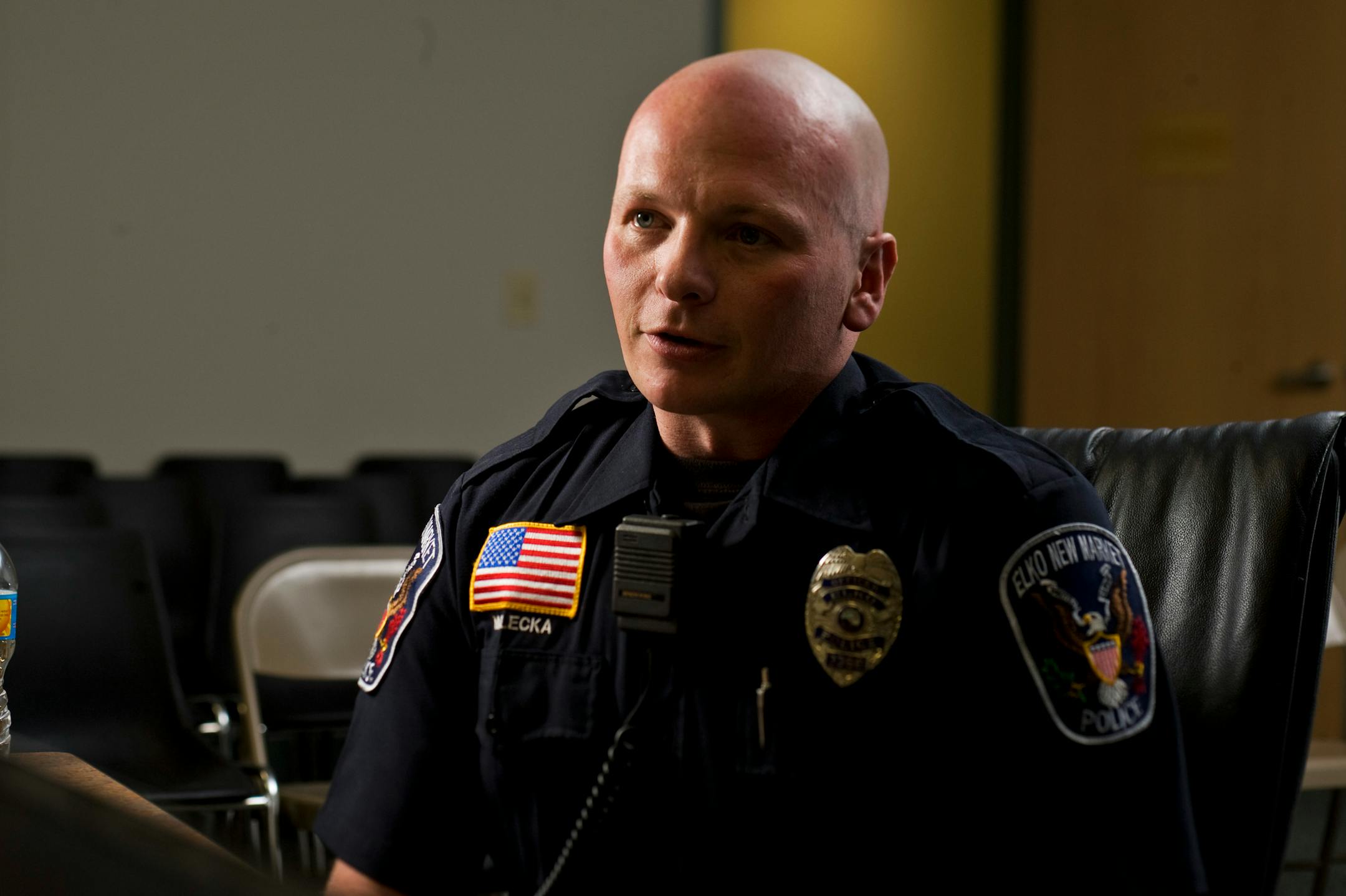 Elko New Market Officer Steve Malecka stopped a driver going the wrong way on 4 lane Hy 2 through New Market last August. The driver, who was thought to have been drinking, stopped 6 inches from his brand new squad cars front bumper. He placed his squad at a diagonal across the road because there were several cars come up behind him unaware of the wrong-way driver.